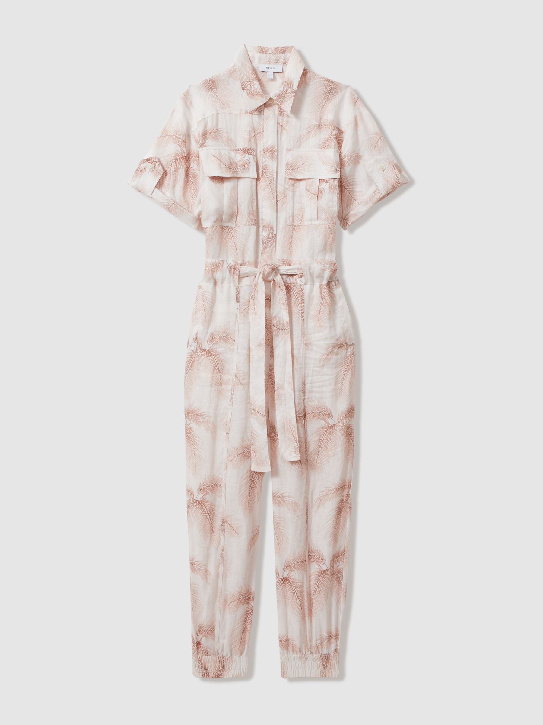 Linen Tropical Print Belted Jumpsuit in Blush