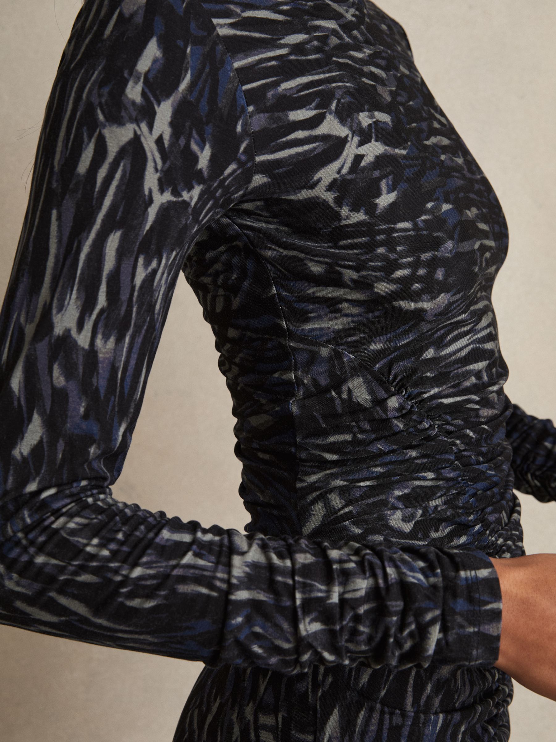 Printed Jersey Ruched Mini Dress in Charcoal