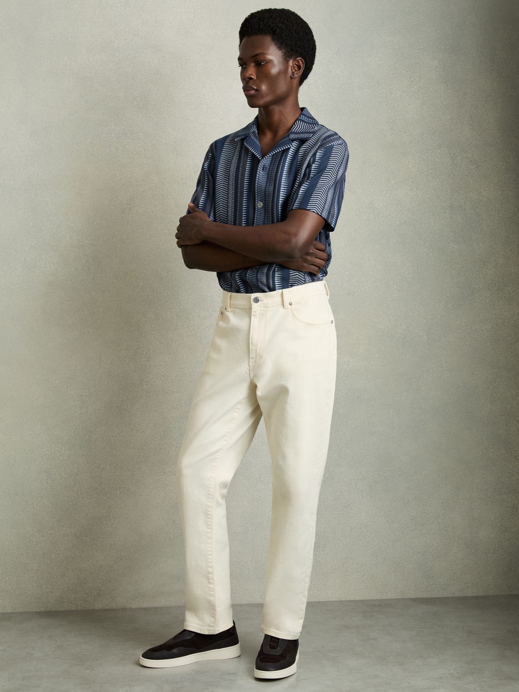 Aztec-Stripe Cuban-Collar Shirt in Navy