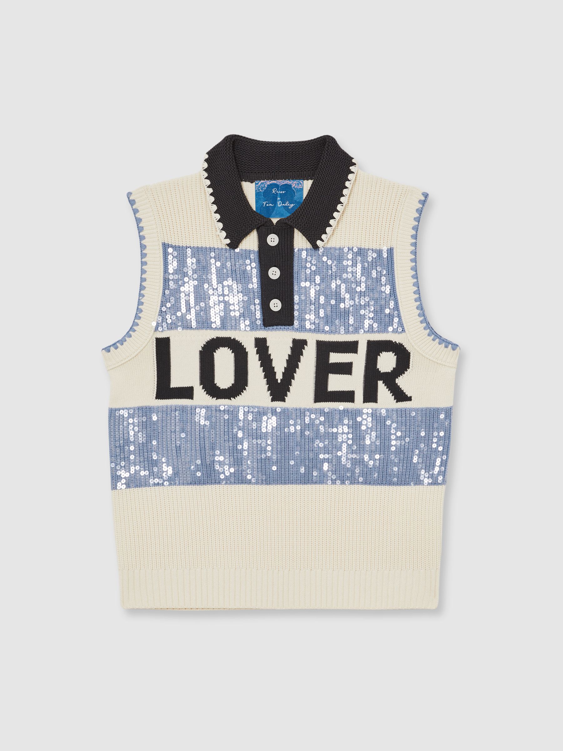 Reiss | Tom Daley Stripe Polo Vest in Soft Blue