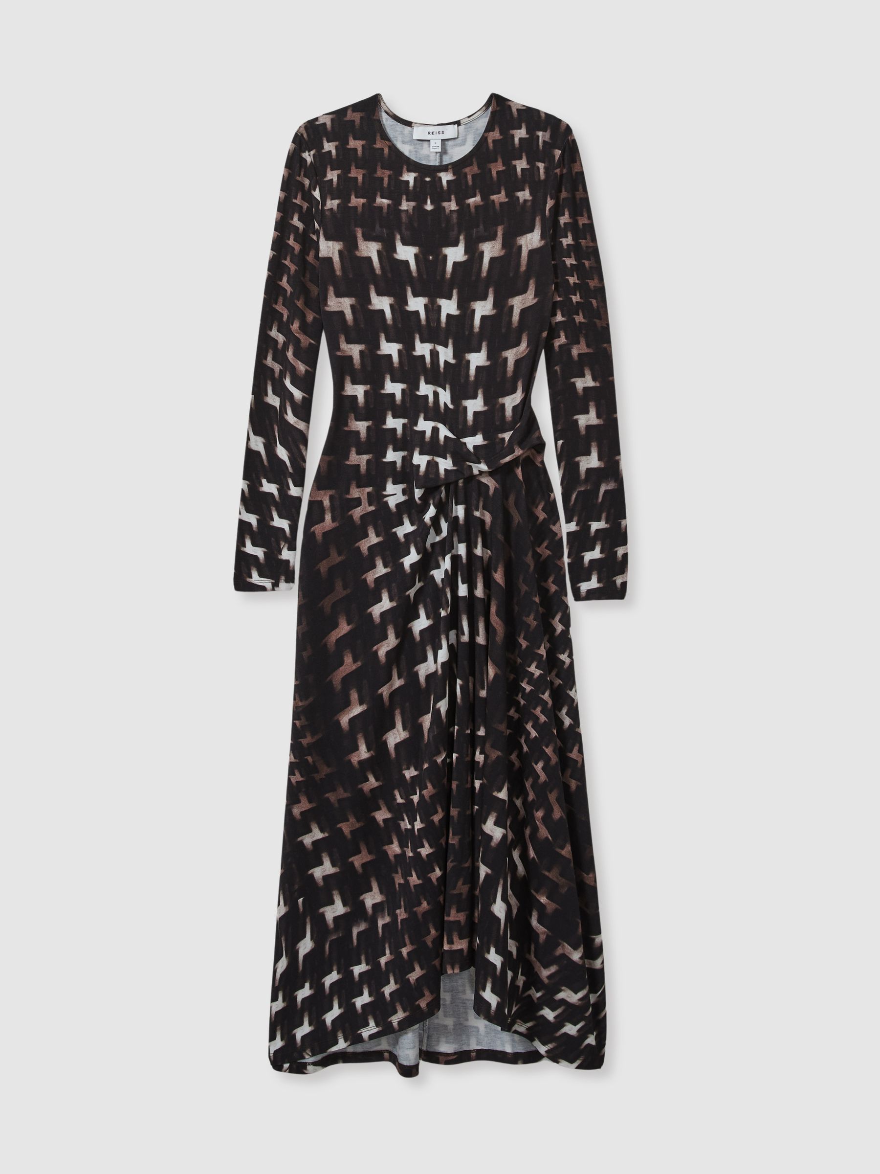 Houndstooth-Print Ruched Midi Dress in Black