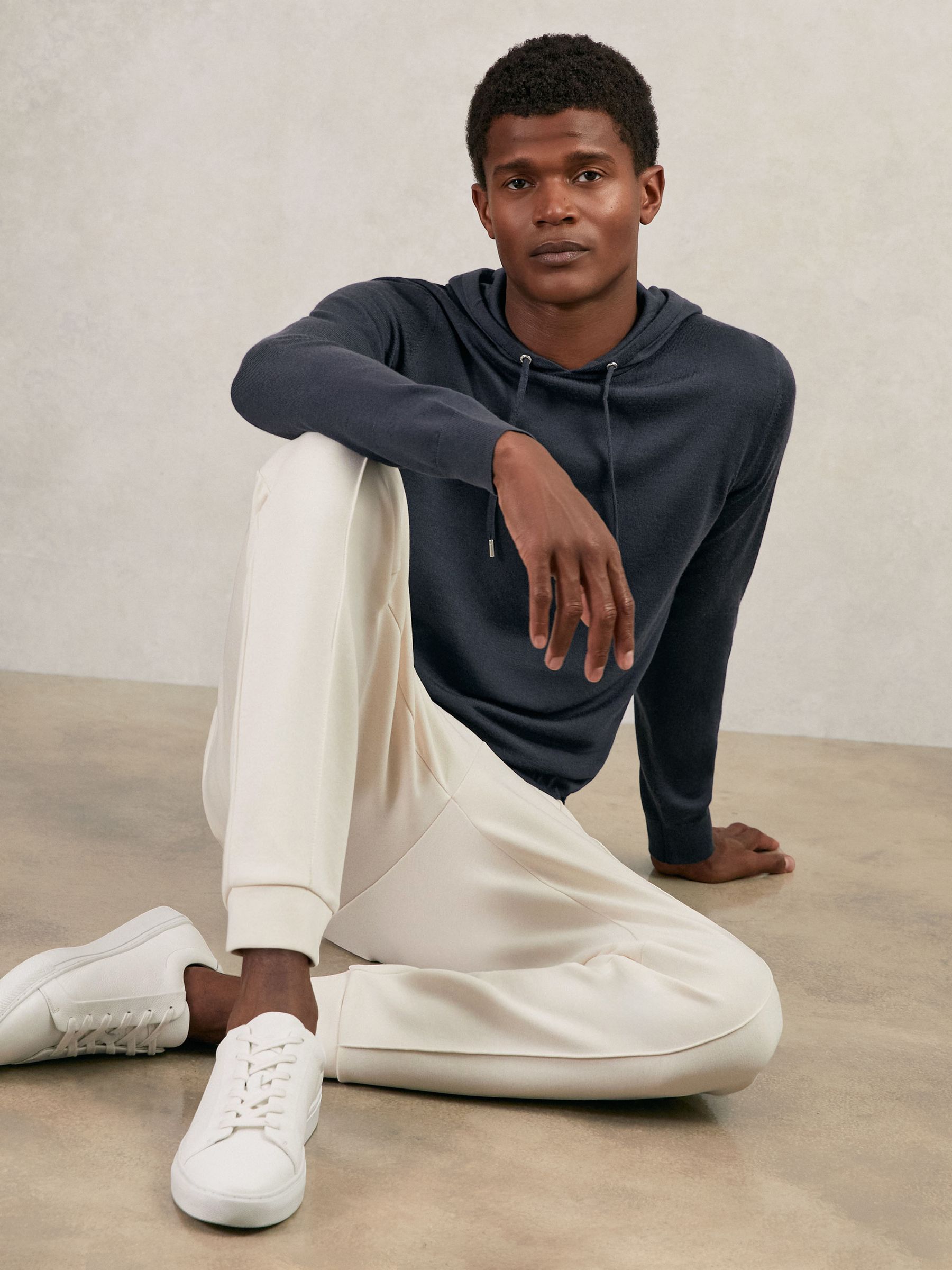 Merino Wool Drawstring Hoodie in Midnight Navy