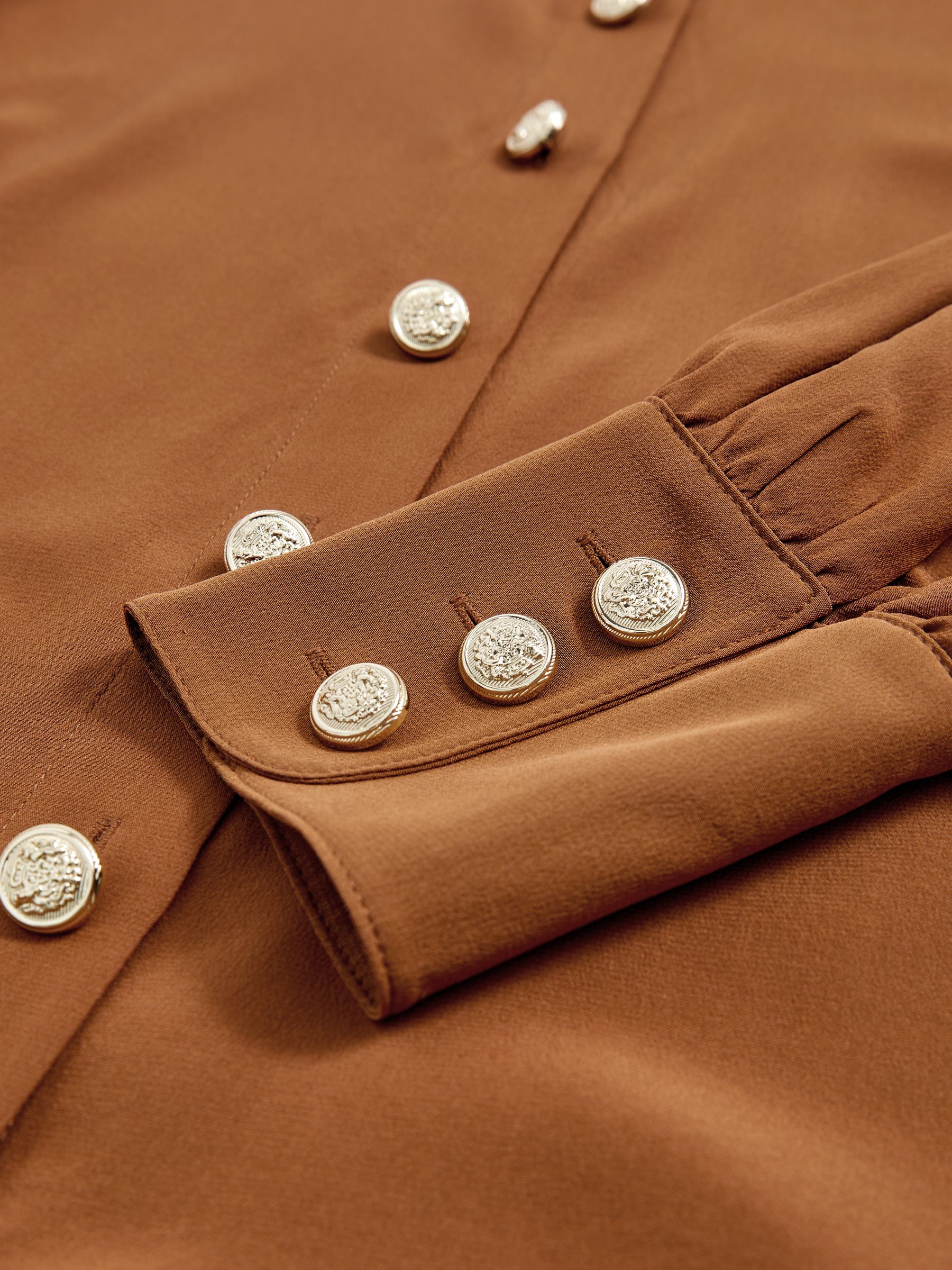 Silk Embossed-Button Shirt in Tan Brown