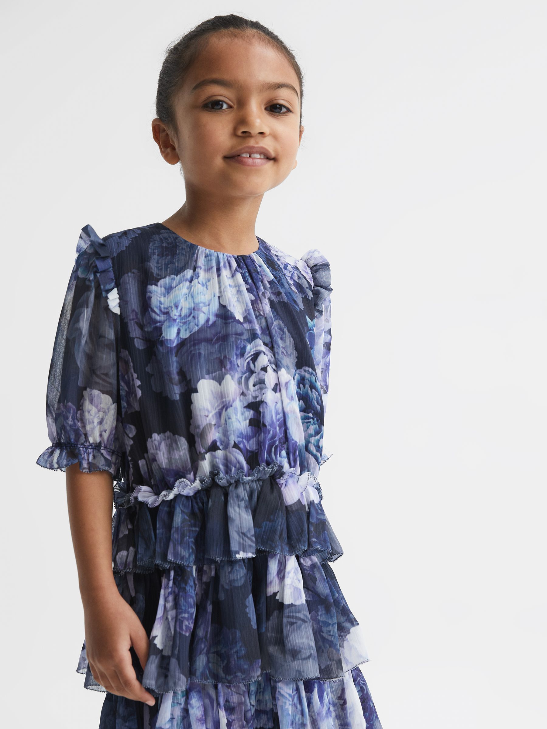 9-12 yrs Printed Tiered Dress in Blue Print