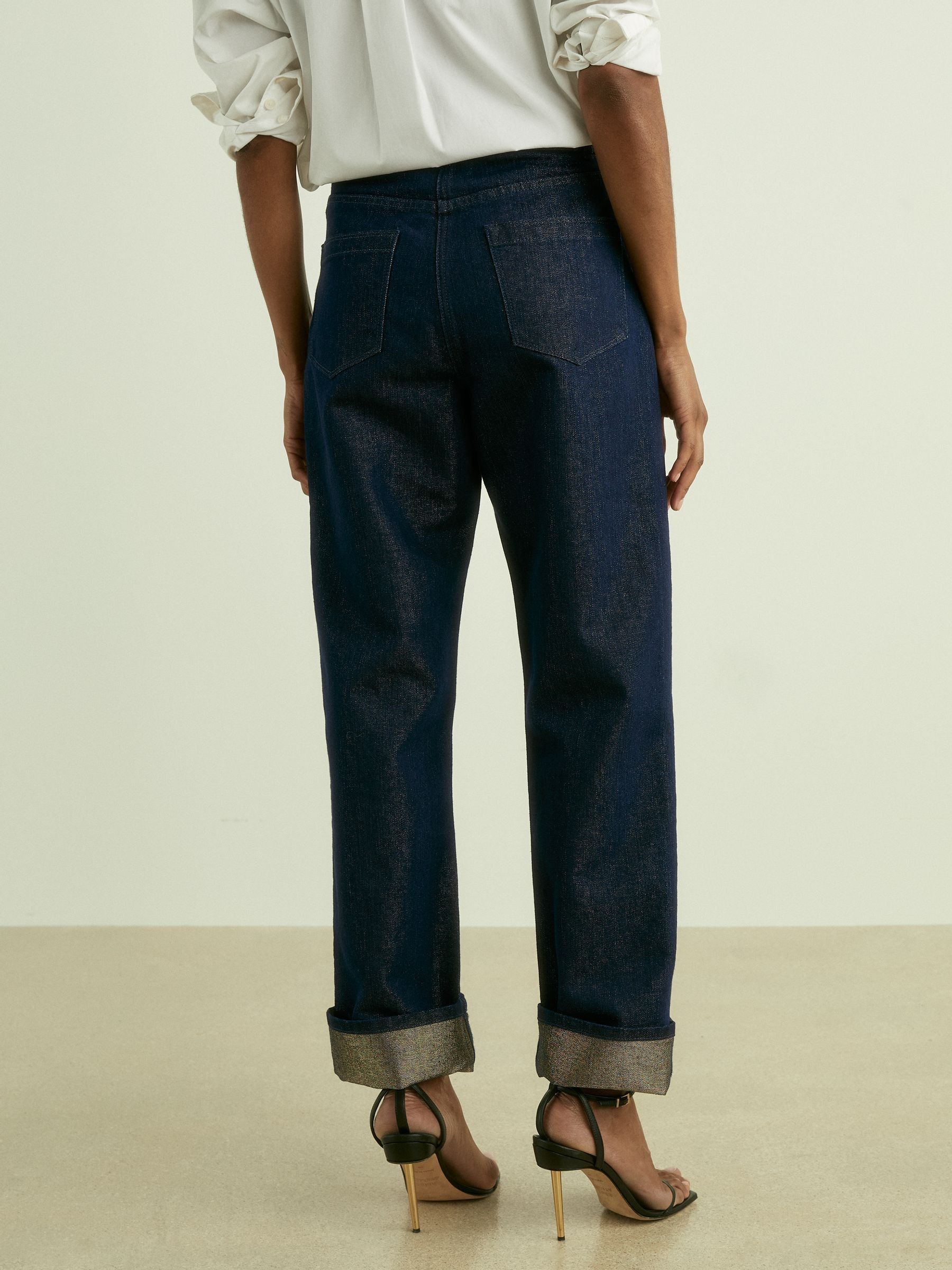 Slim-Leg Metallic-Thread Turn-Up Jeans in Indigo