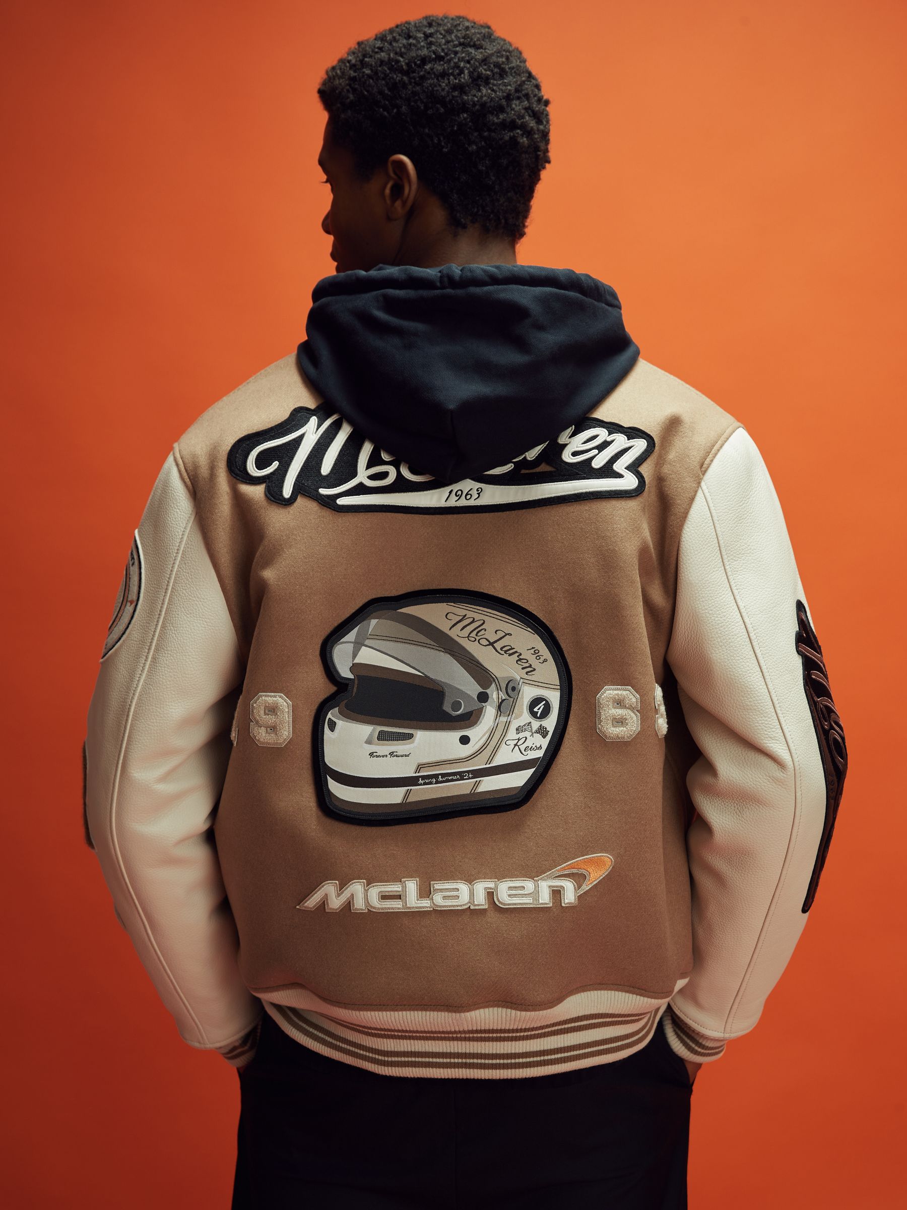 McLaren F1 Leather Varsity Jacket in Camel/Ecru