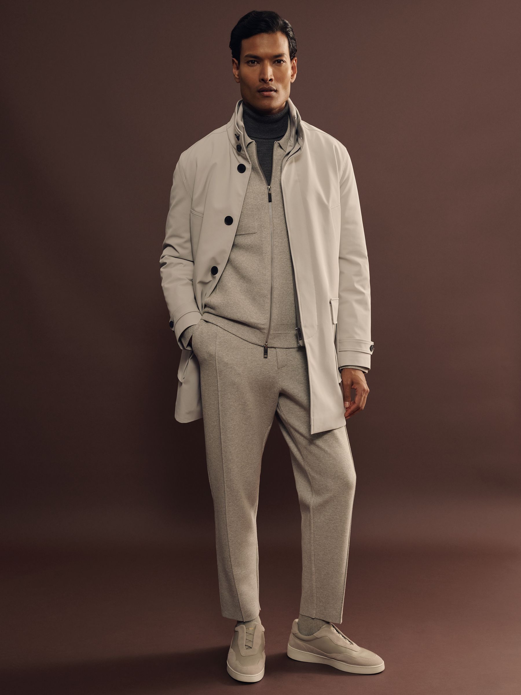 Hybrid Removable Funnel Neck Overcoat in Stone