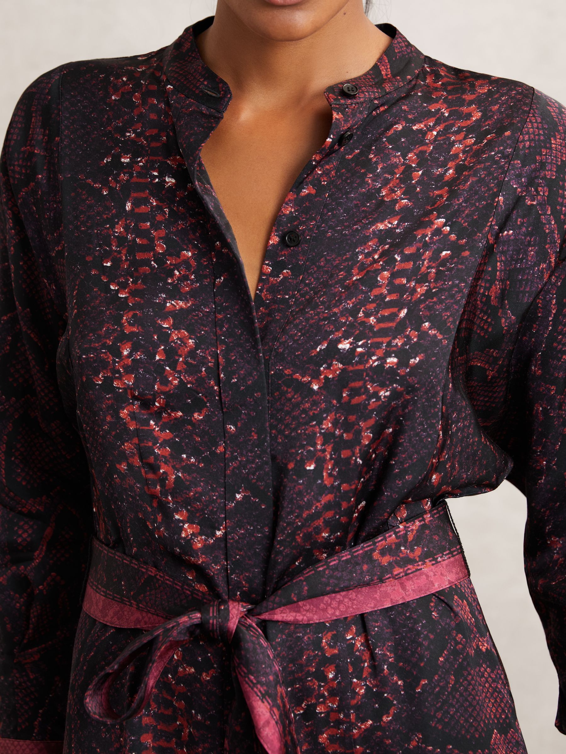 Snake-Print Belted Shirt Dress in Burgundy/Black