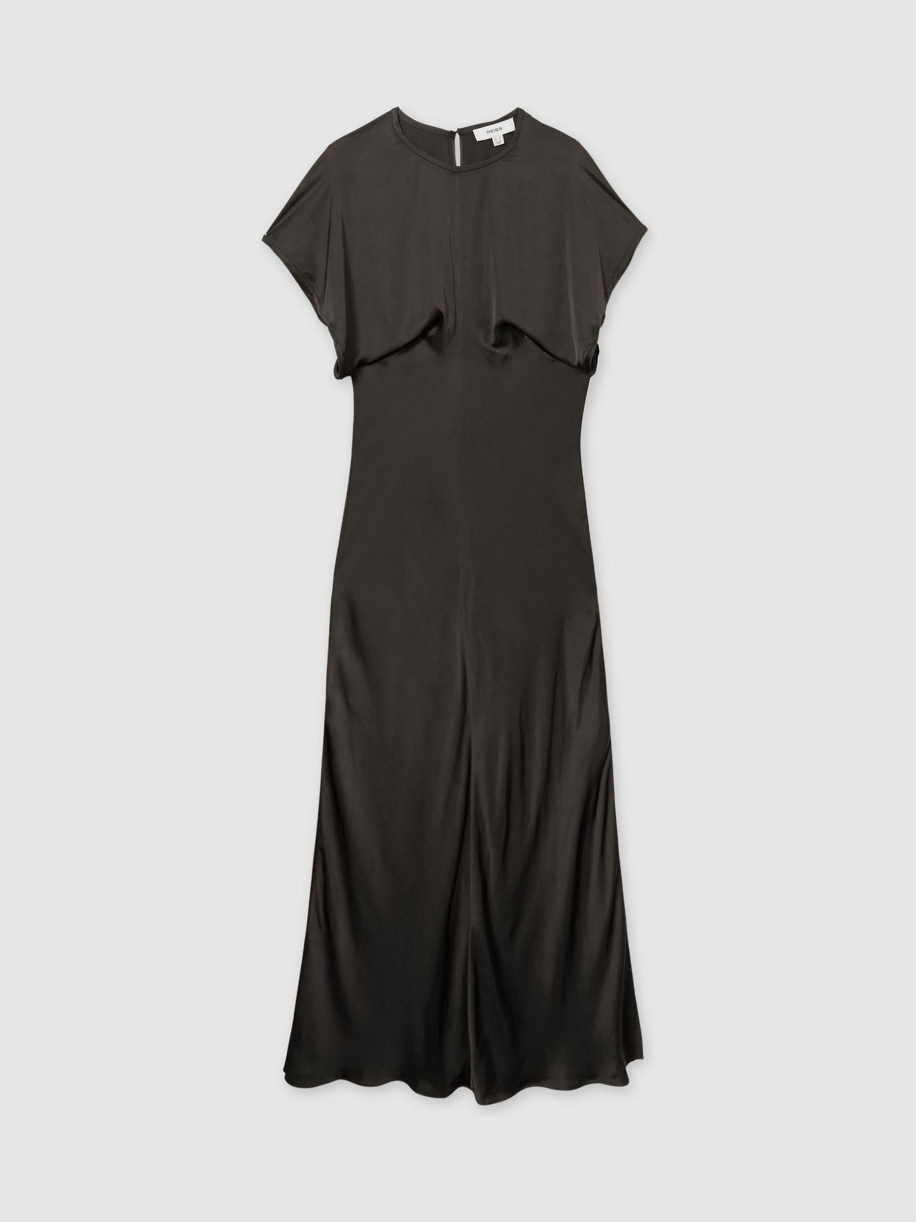 Satin Short-Sleeve Midi Dress in Charcoal