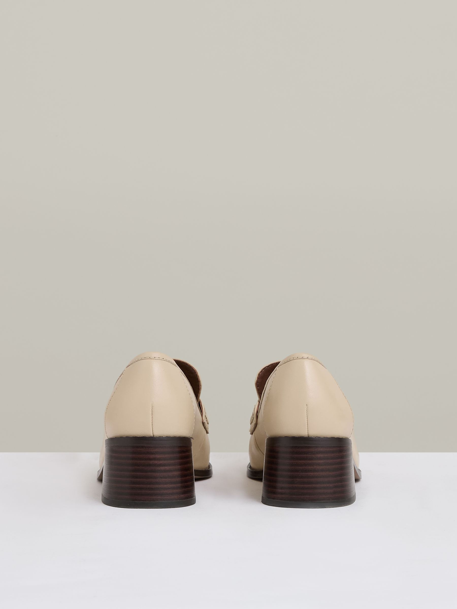 Leather Block-Heel Penny Loafers in Off White