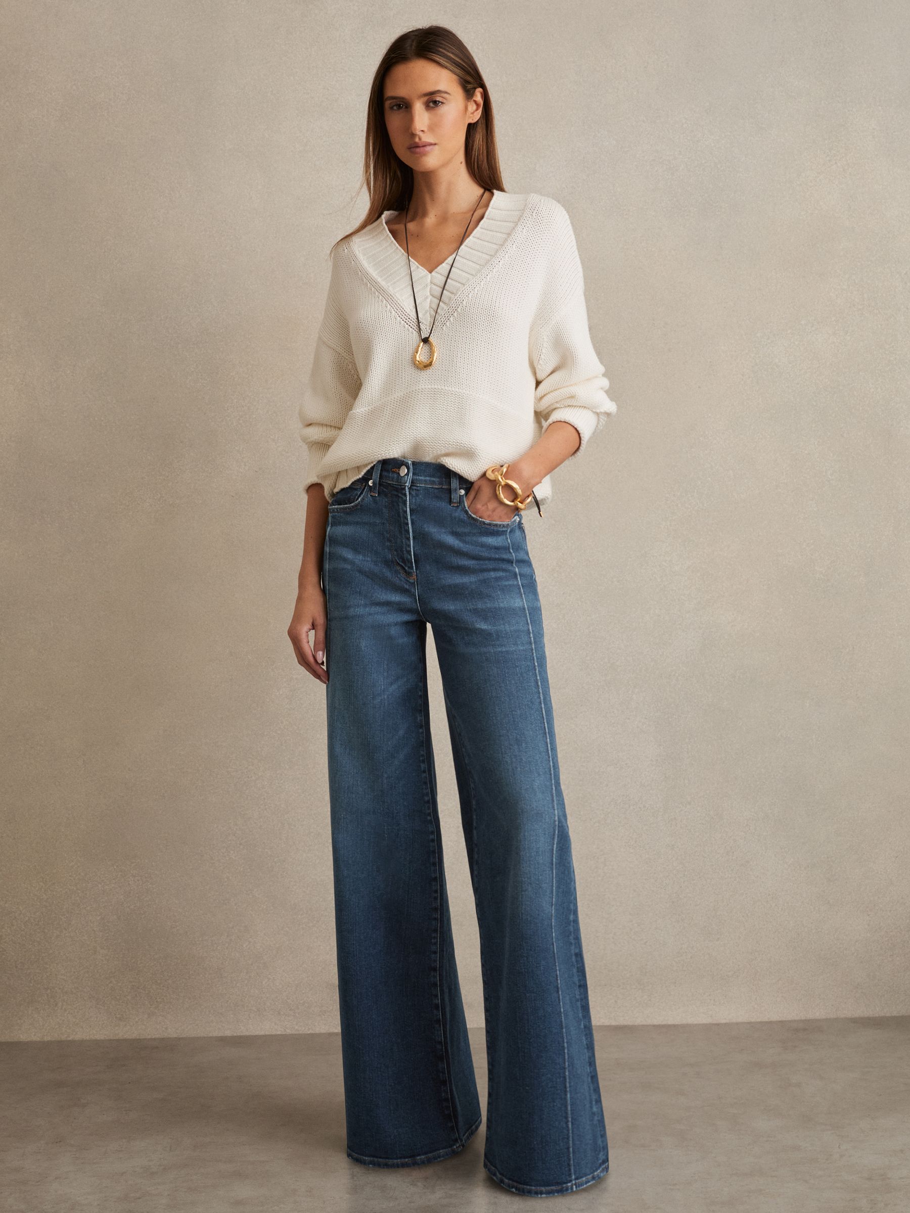 Petite Stretch-Cotton Wide-Leg Jeans in Mid Blue