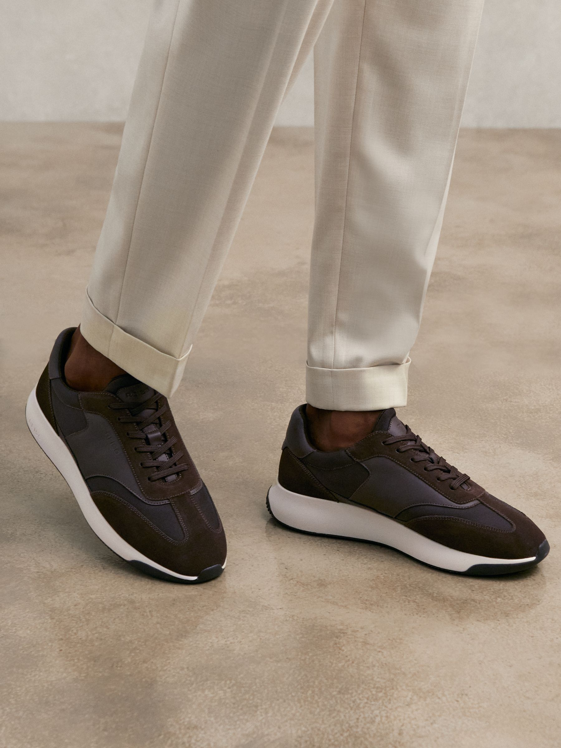 Bonded-Leather Suede Running Trainers in Chocolate Brown