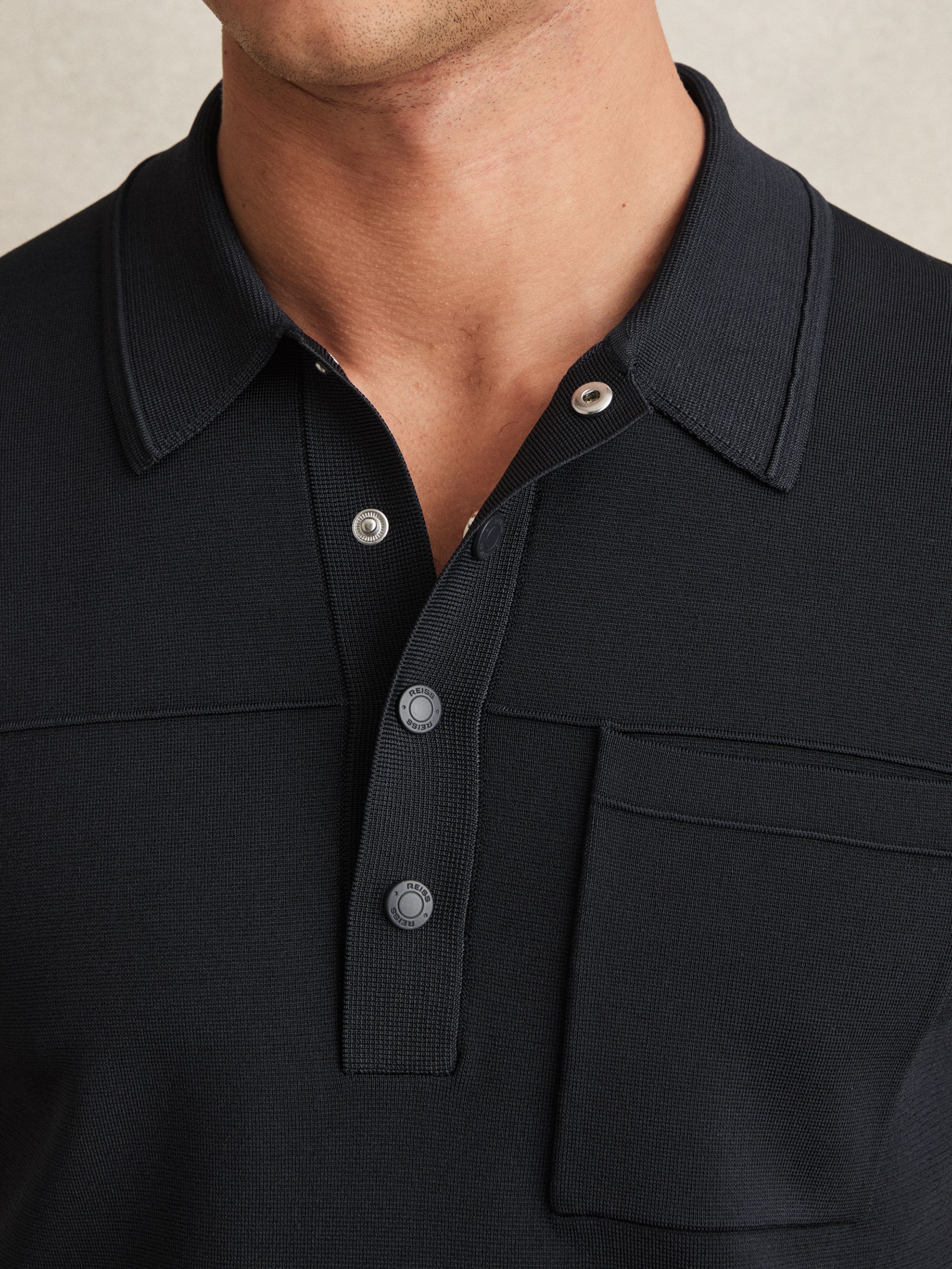 Press-Stud Seam-Detail Polo Shirt in Navy
