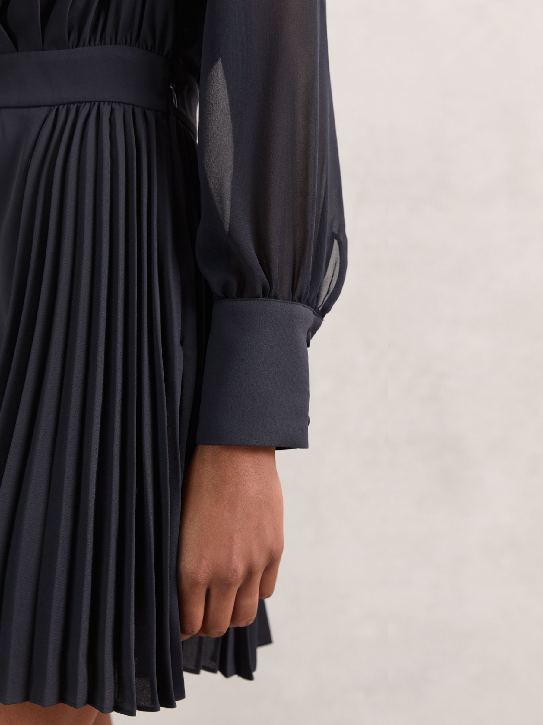 Pleated Sheer-Sleeve Mini Dress in Navy