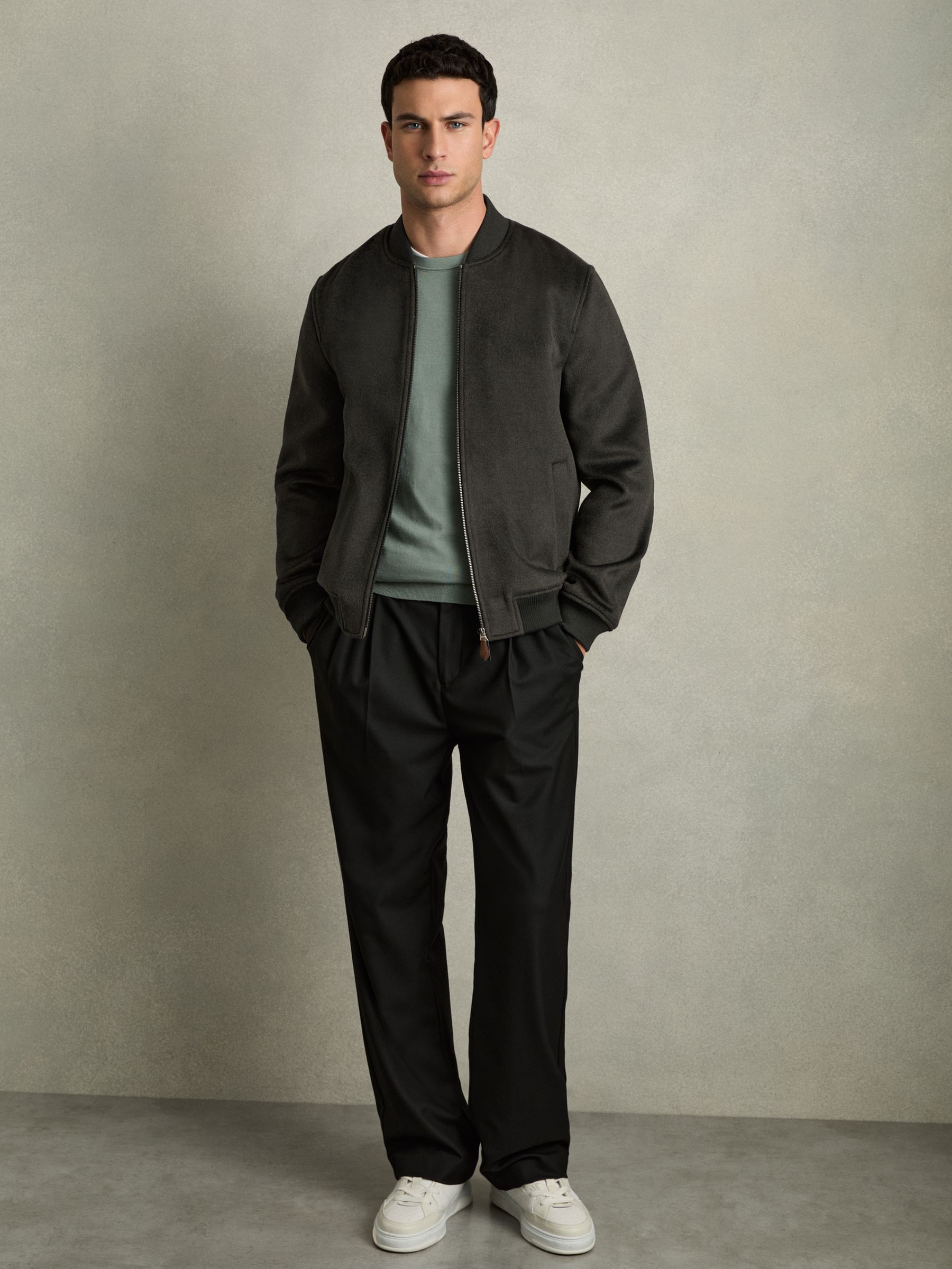 Brushed Wool-Blend Bomber Jacket in Dark Green