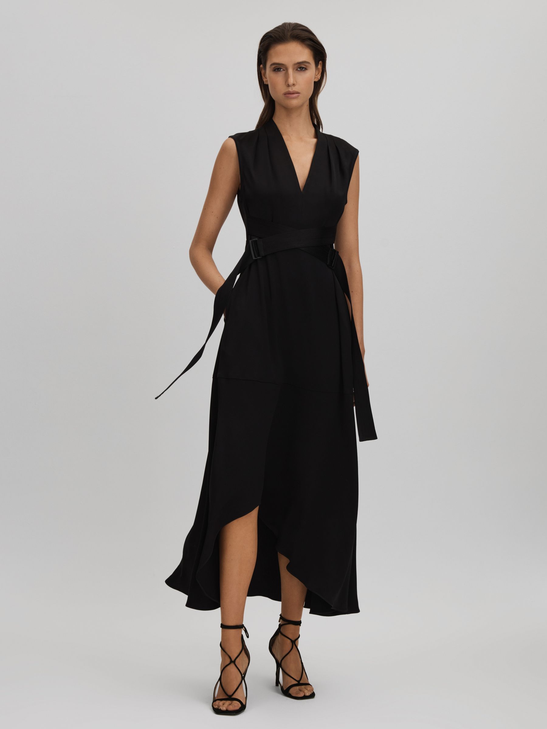 Strappy Asymmetric Midi Dress in Black