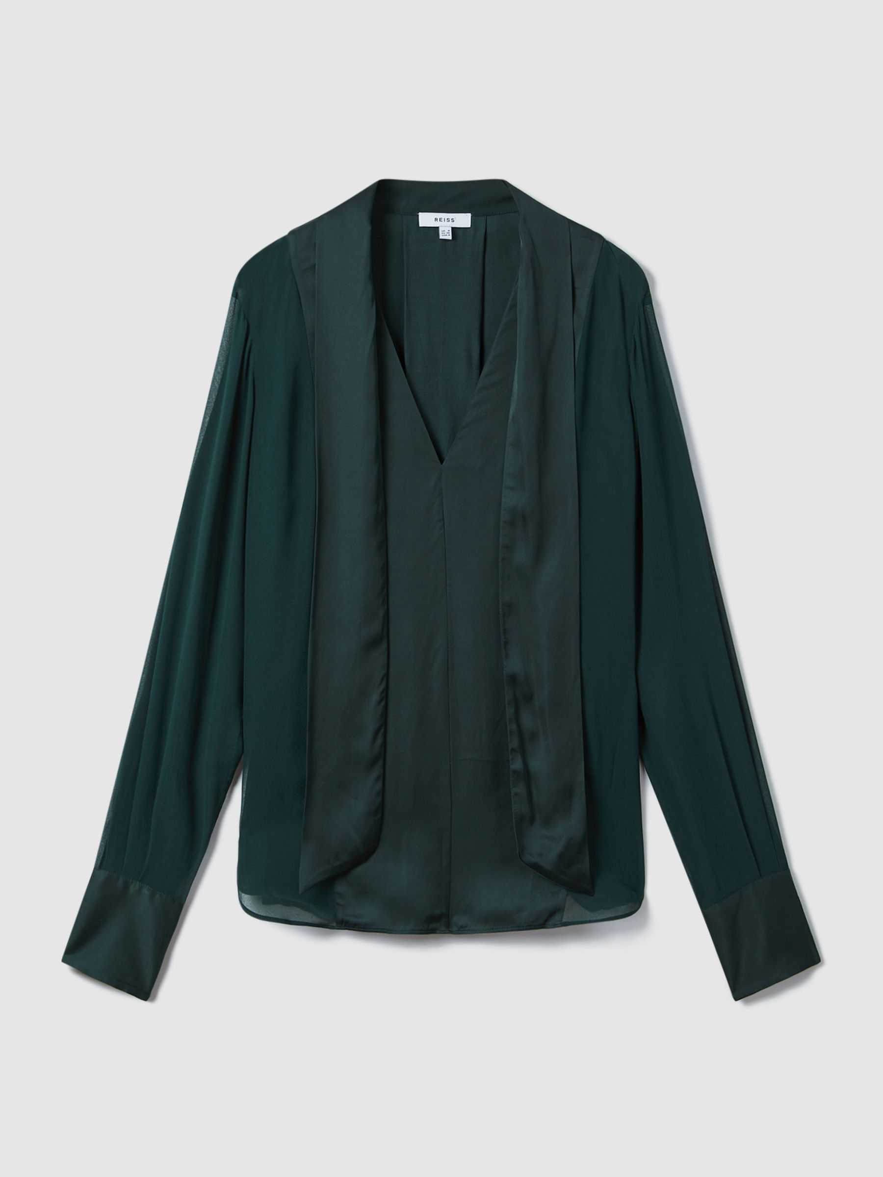 Semi Sheer Satin Tie Neck Blouse in Green