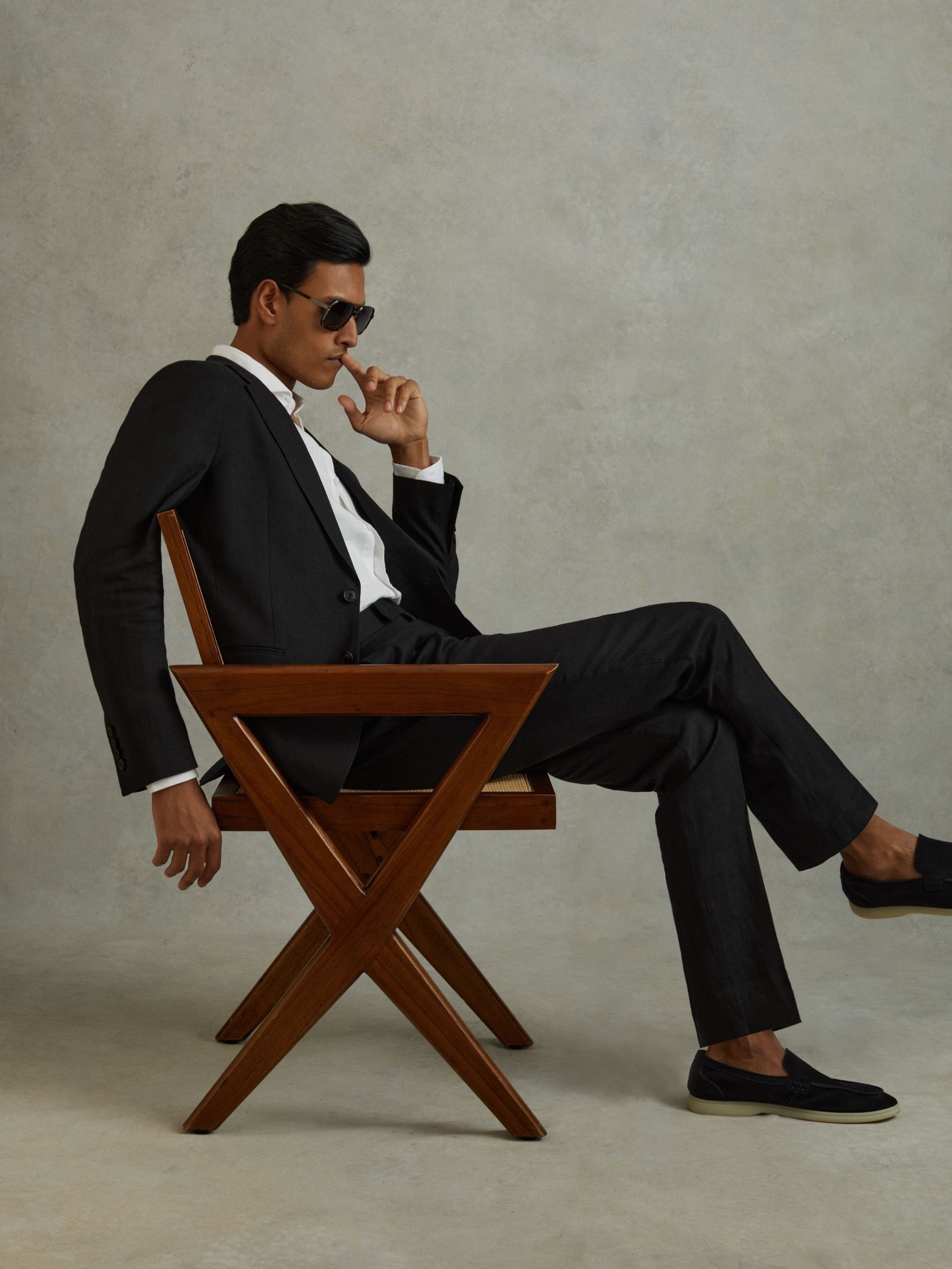 Single-Breasted Linen Suit Blazer Slim Fit in Black