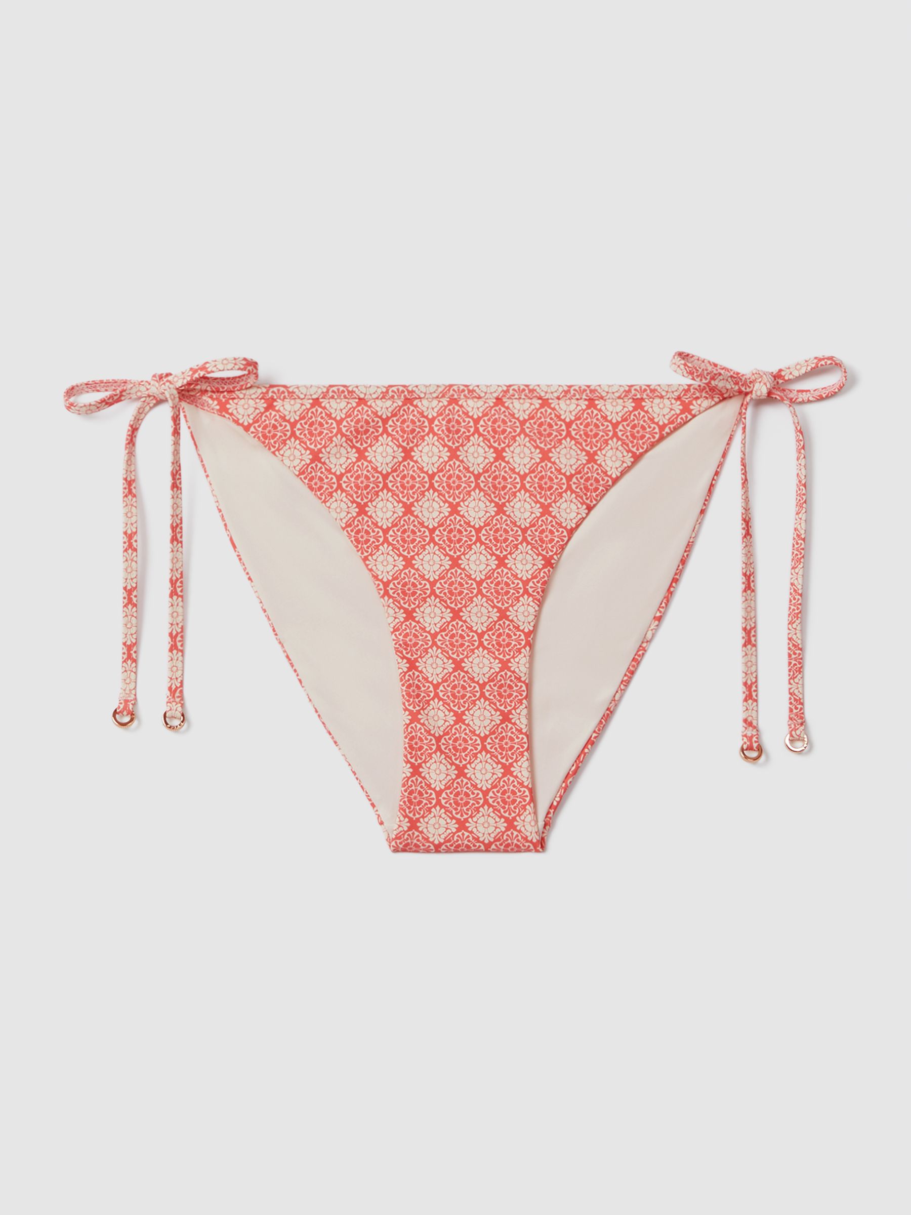 Printed Side Tie Bikini Bottoms in Cream/Coral