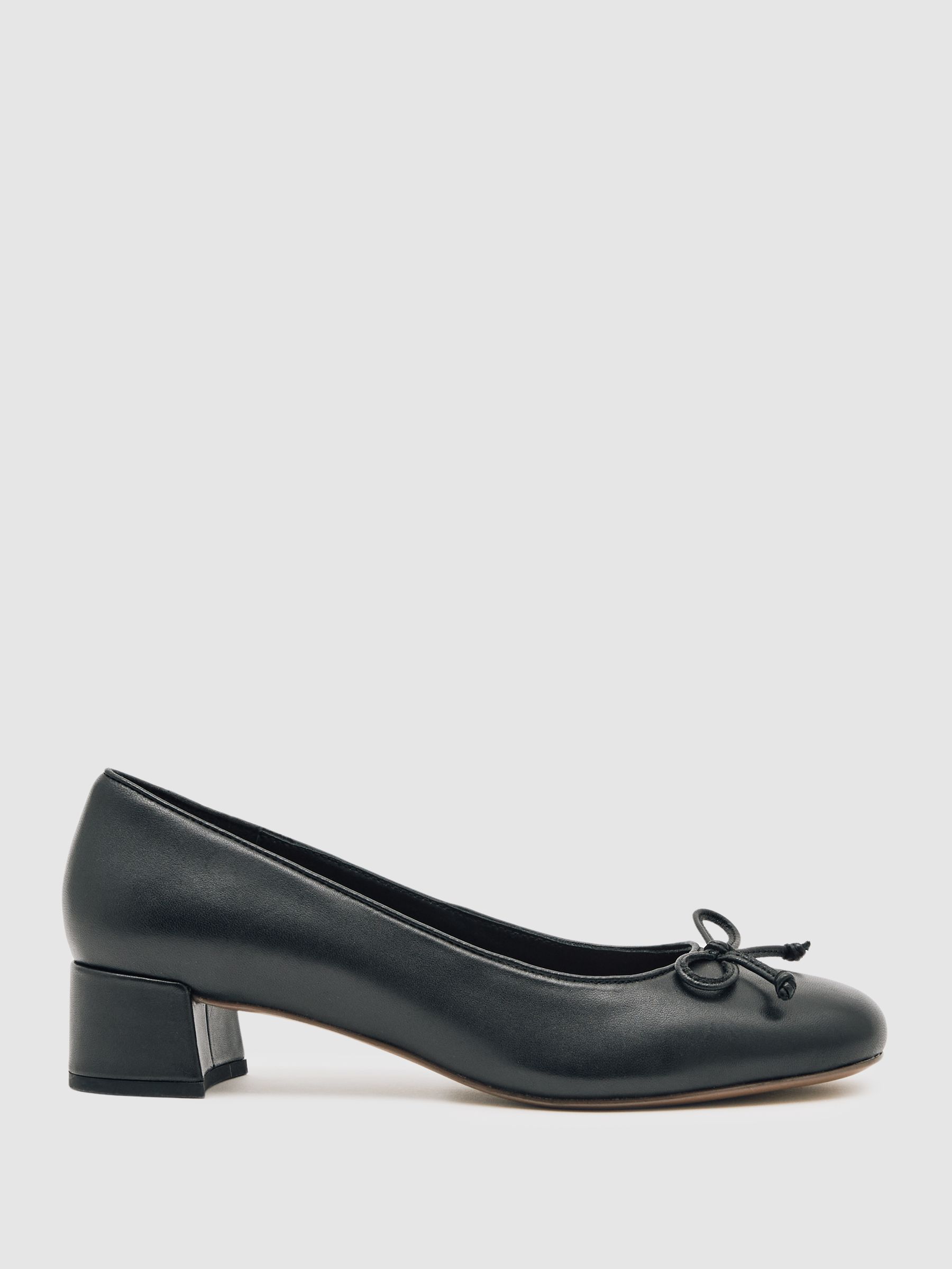 Leather Block Heel Ballerina Shoes in Black