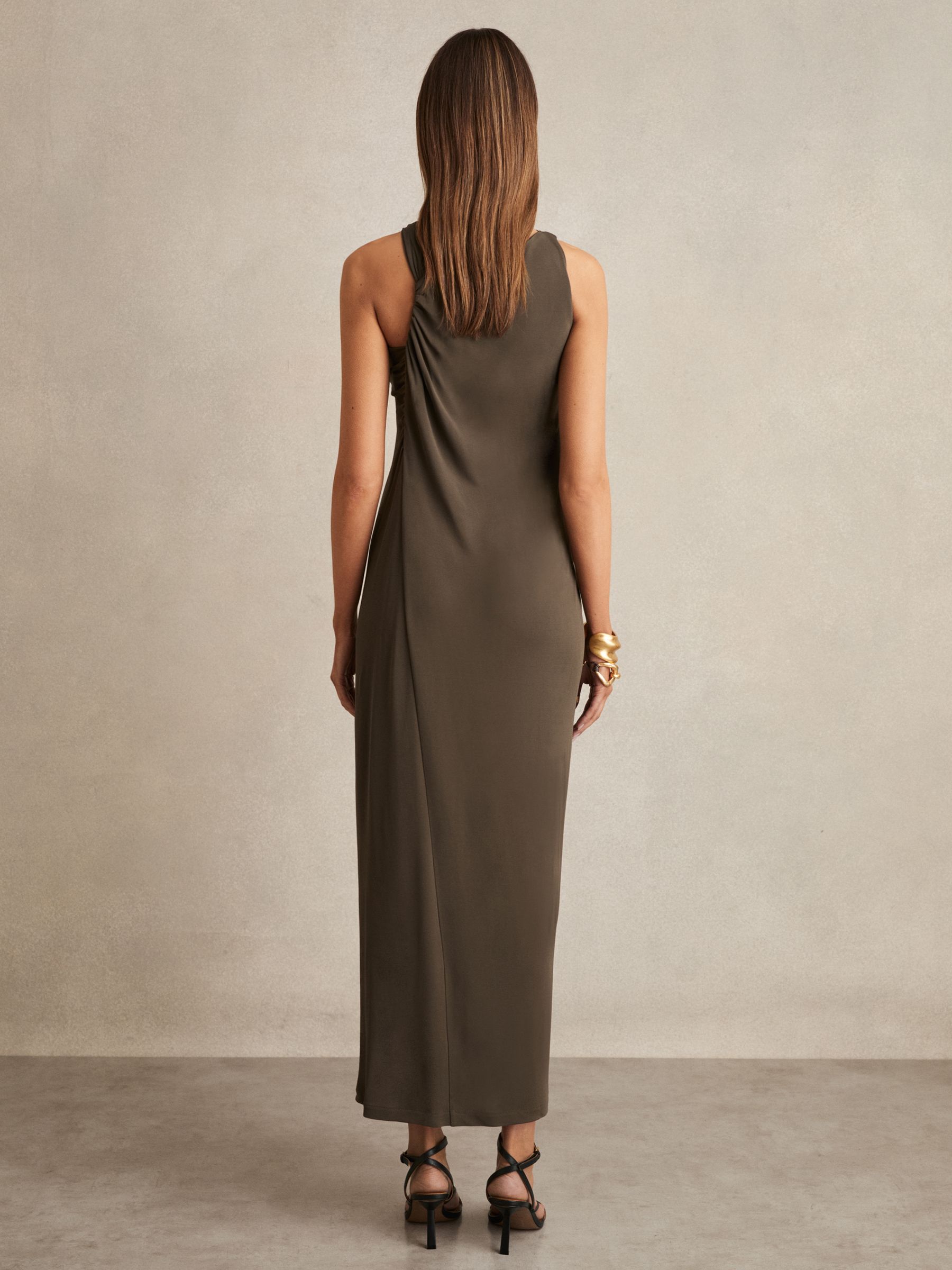 Gathered Neck Jersey Midi Dress in Mocha