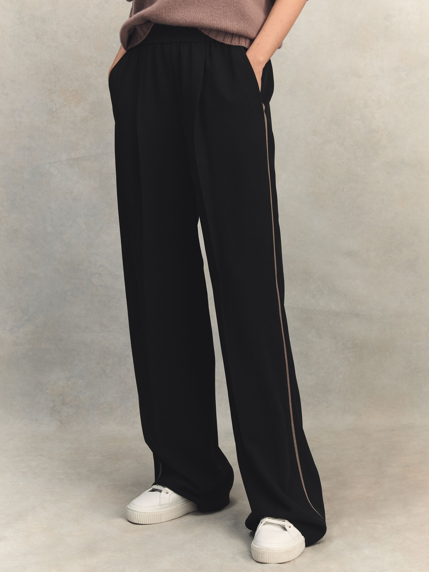 Elasticated Side Stripe Wide Leg Trousers in Black