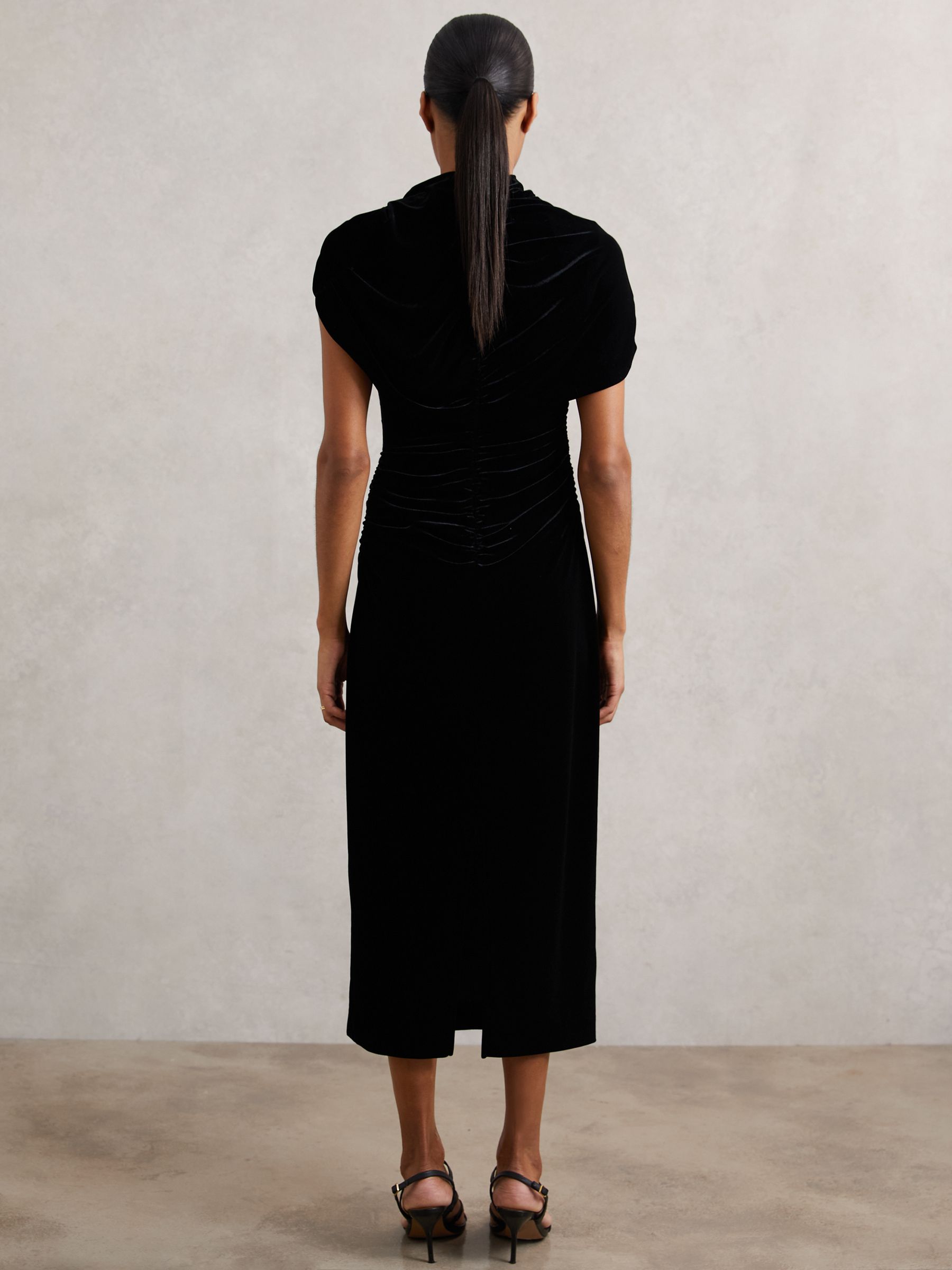 Velvet Draped-Neck Ruched Midi Dress in Black