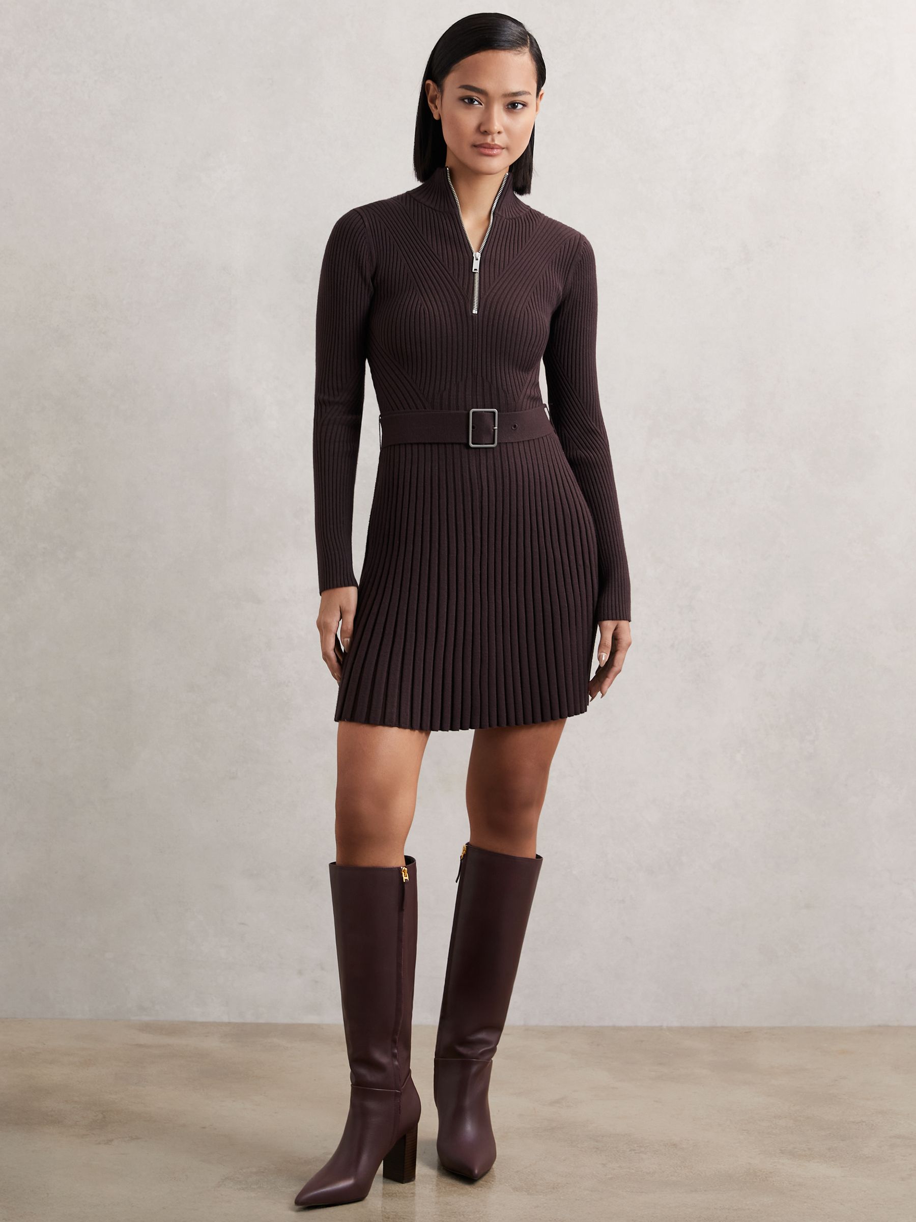 Rib-Knit Belted Half-Zip Flippy Dress in Plum Purple