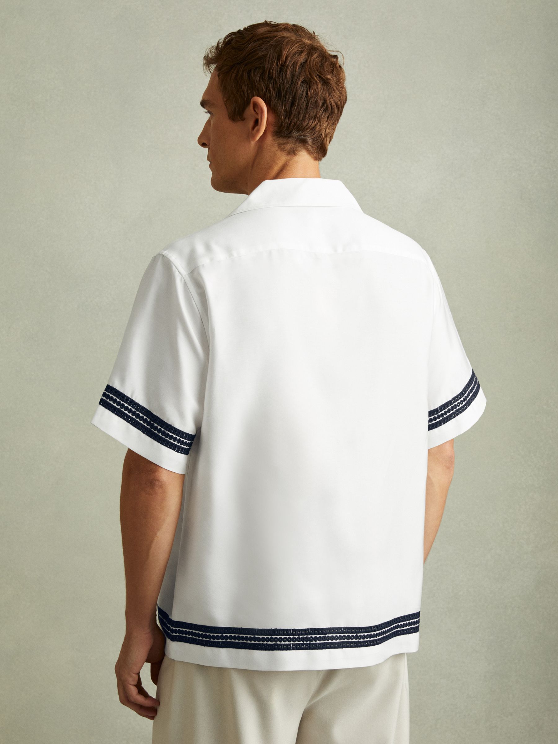Relaxed Embroidered Trim Cuban Collar Shirt in White/Navy