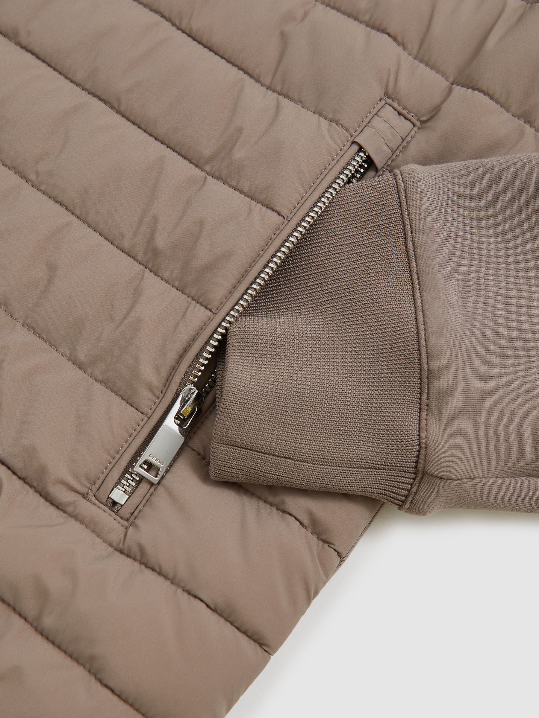 Hybrid Quilt and Knit Zip-Through Jacket in Taupe Brown