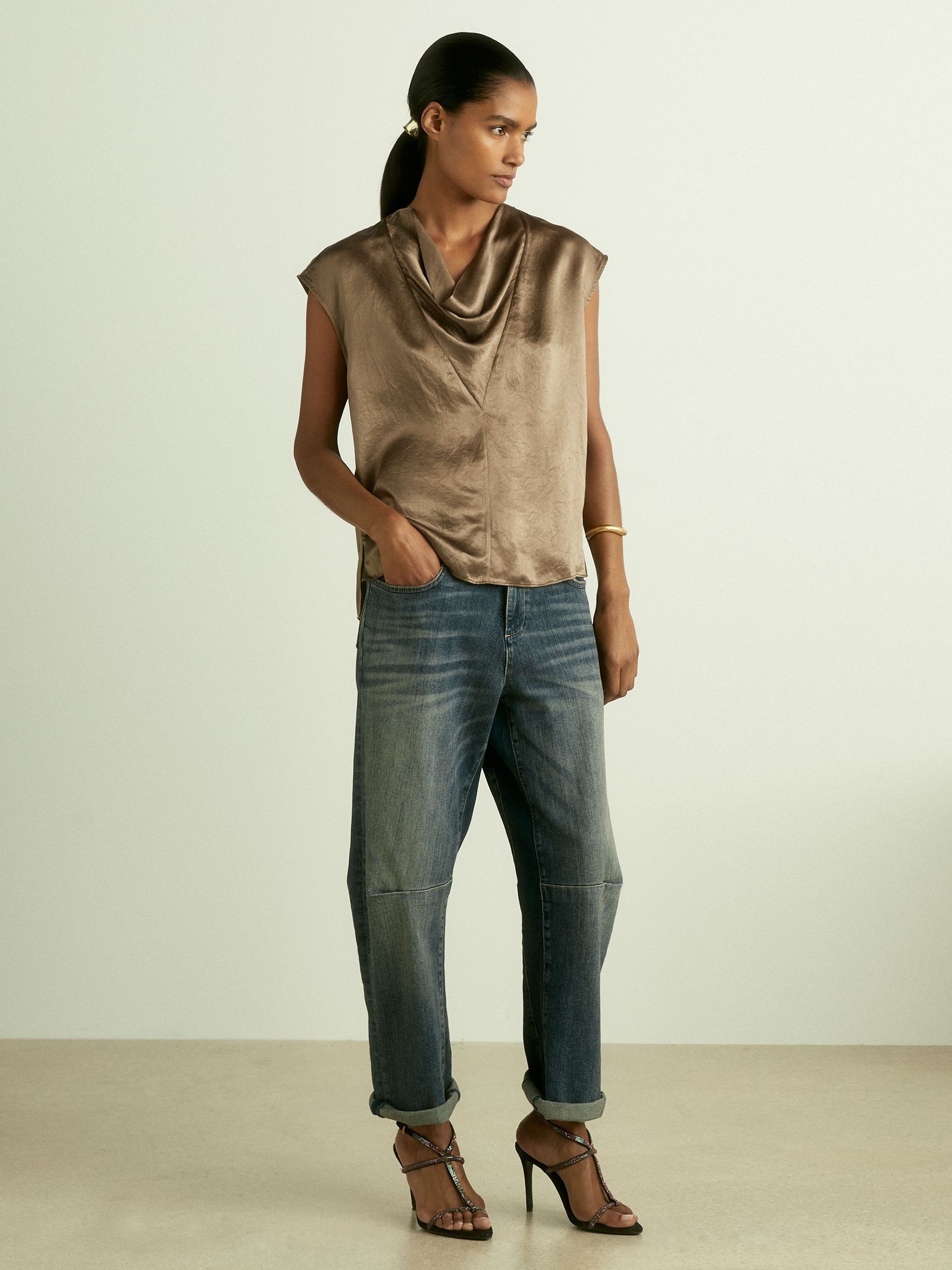 Satin Cowl-Neck Top in Khaki