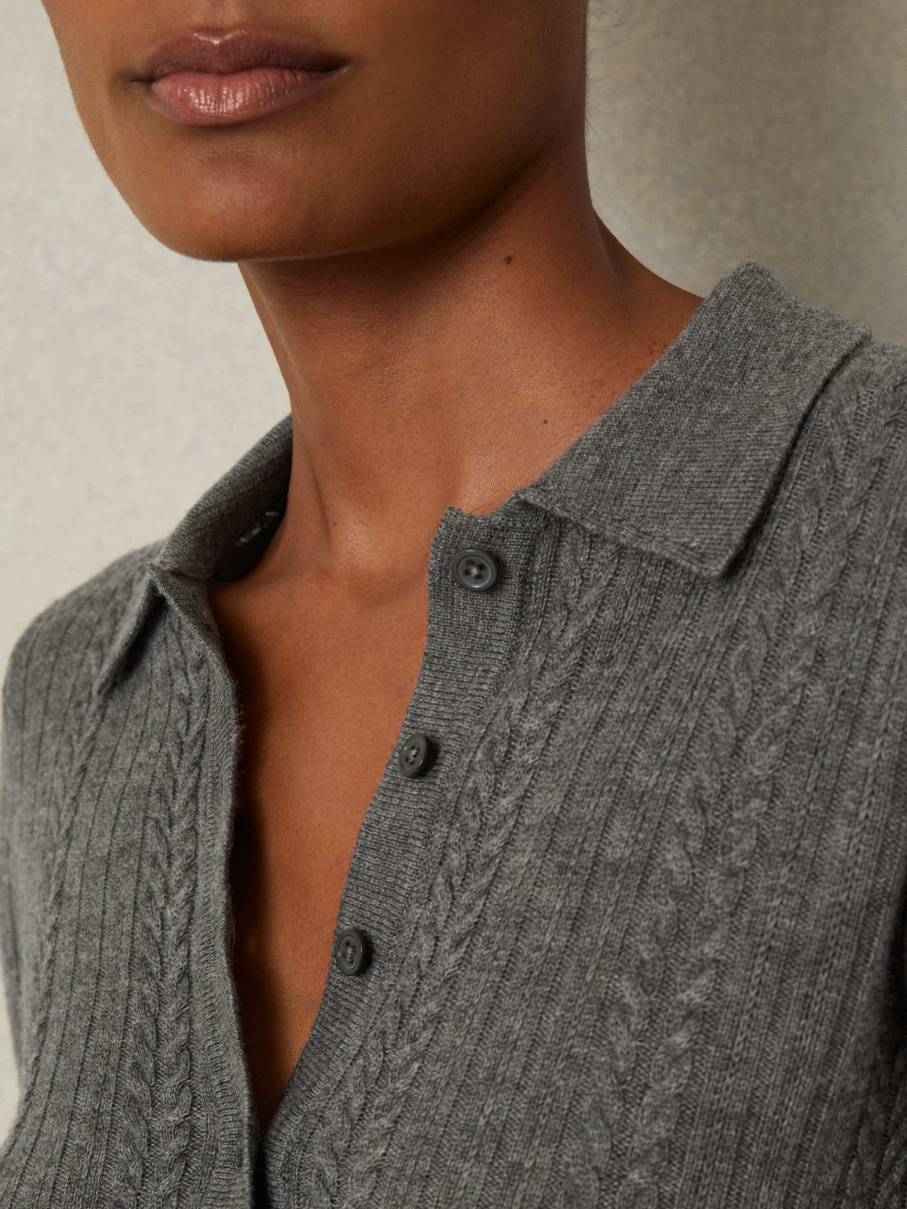 Wool Cable Knit Polo Neck Jumper in Charcoal