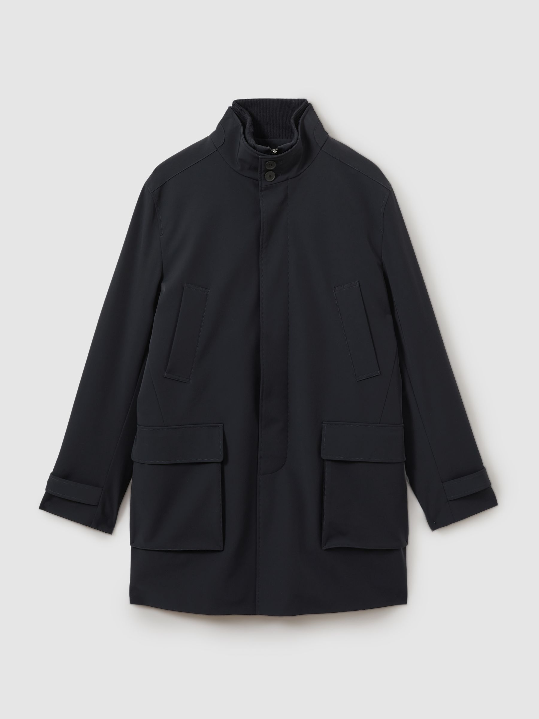 Hybrid Removable Funnel Neck Overcoat in Navy