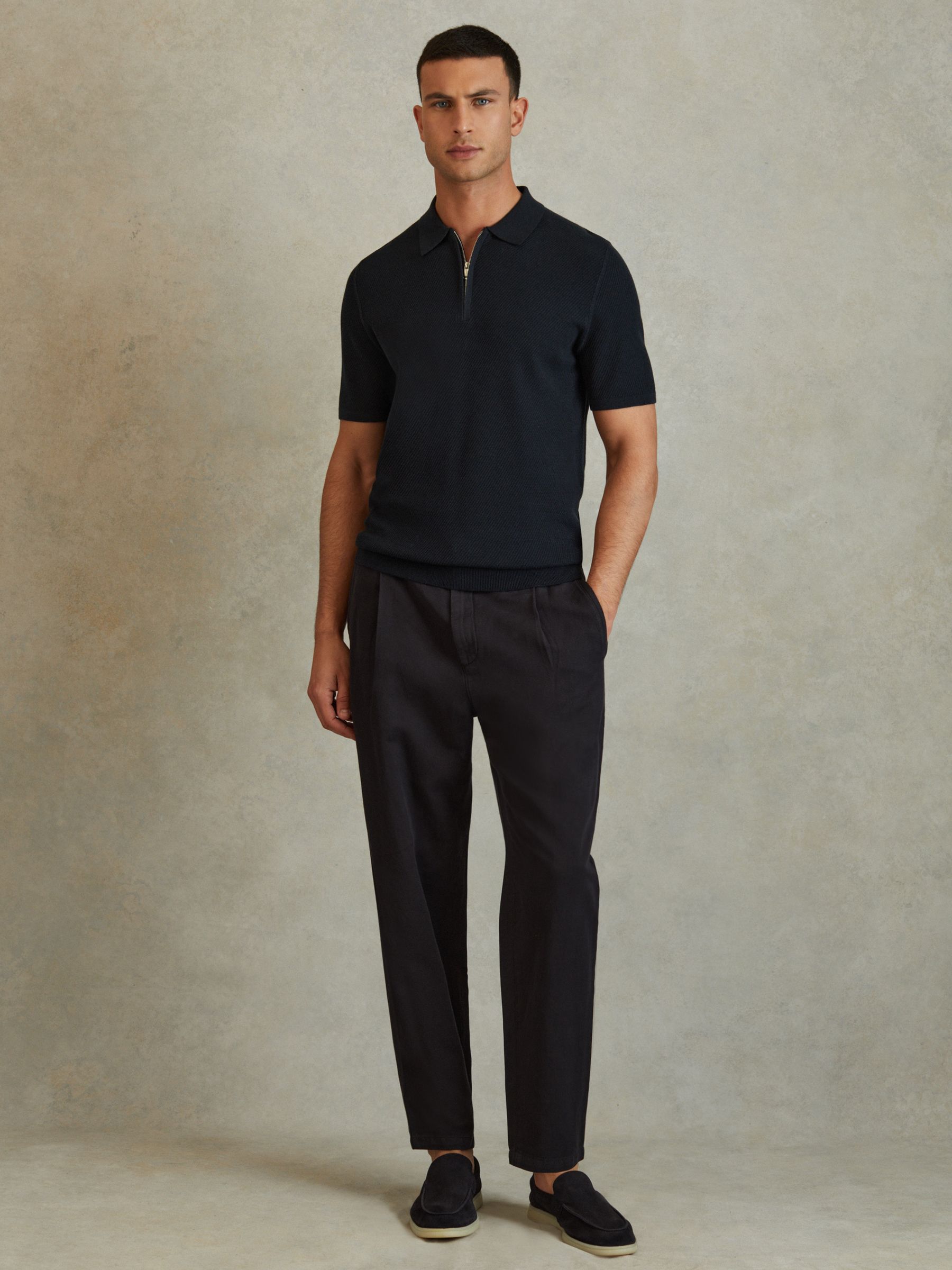 Textured Half-Zip Polo Shirt in Navy