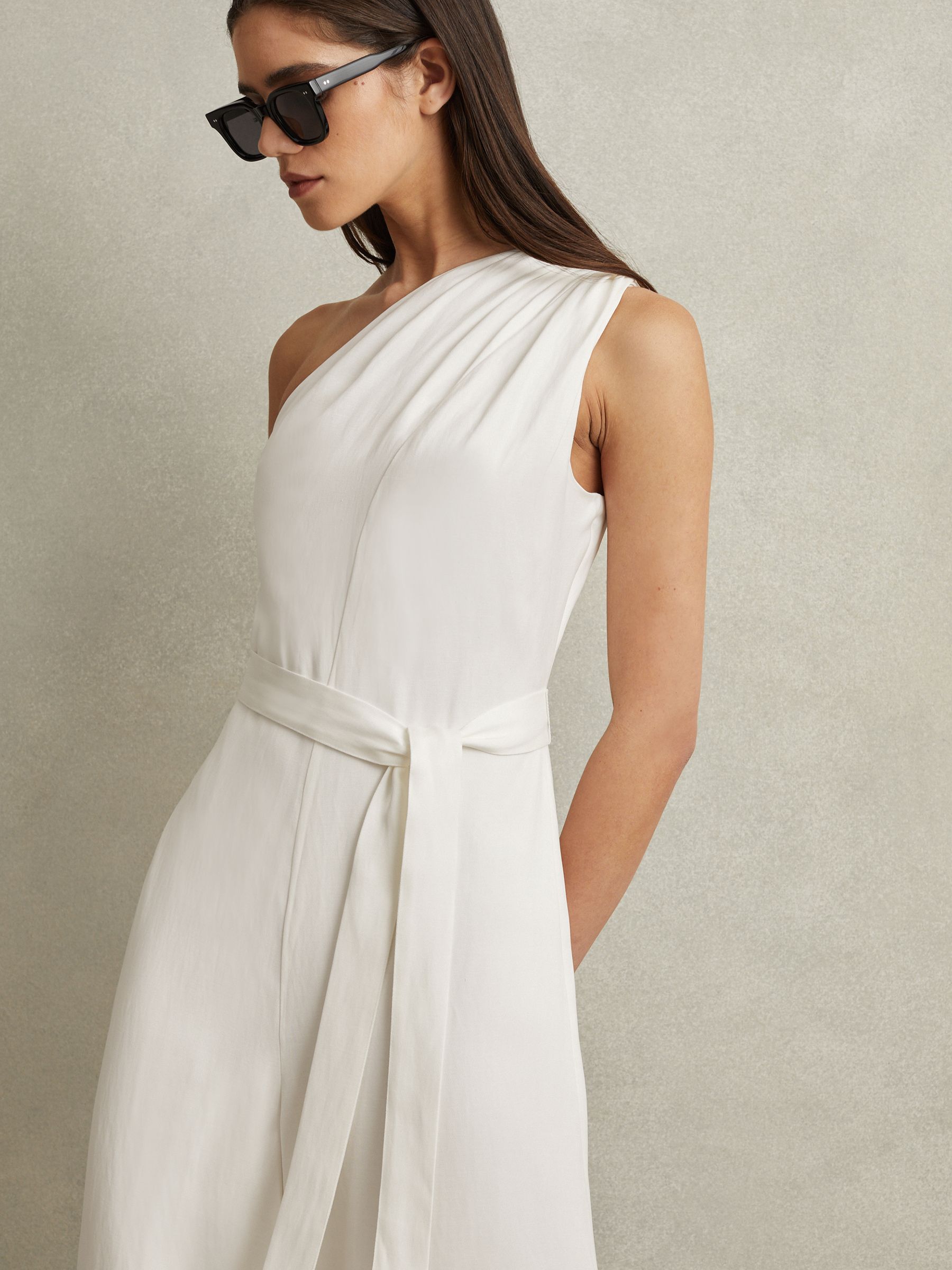 One-Shoulder Belted Jumpsuit in Ivory
