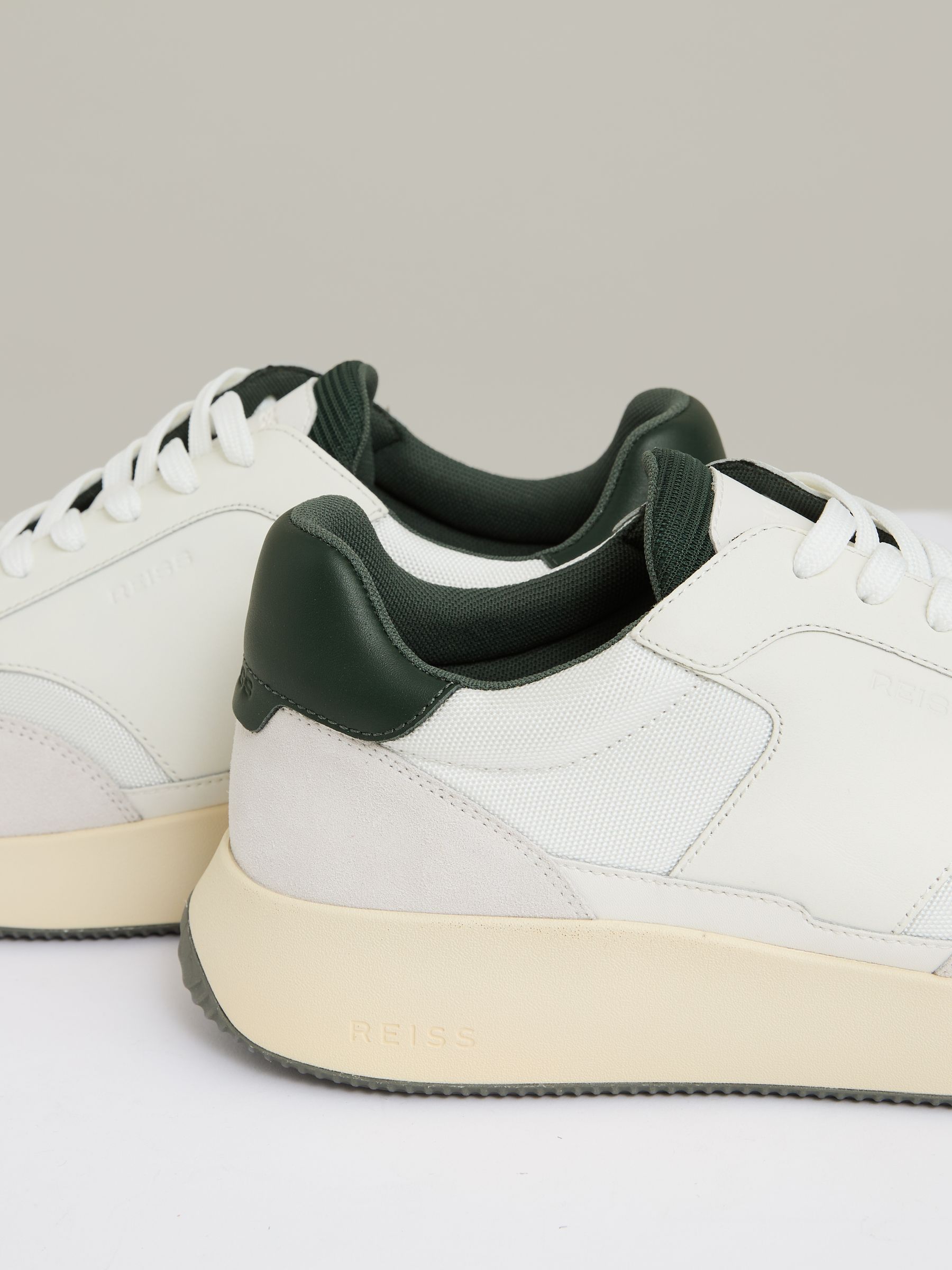 Leather Suede Running Trainers in Off White/Green