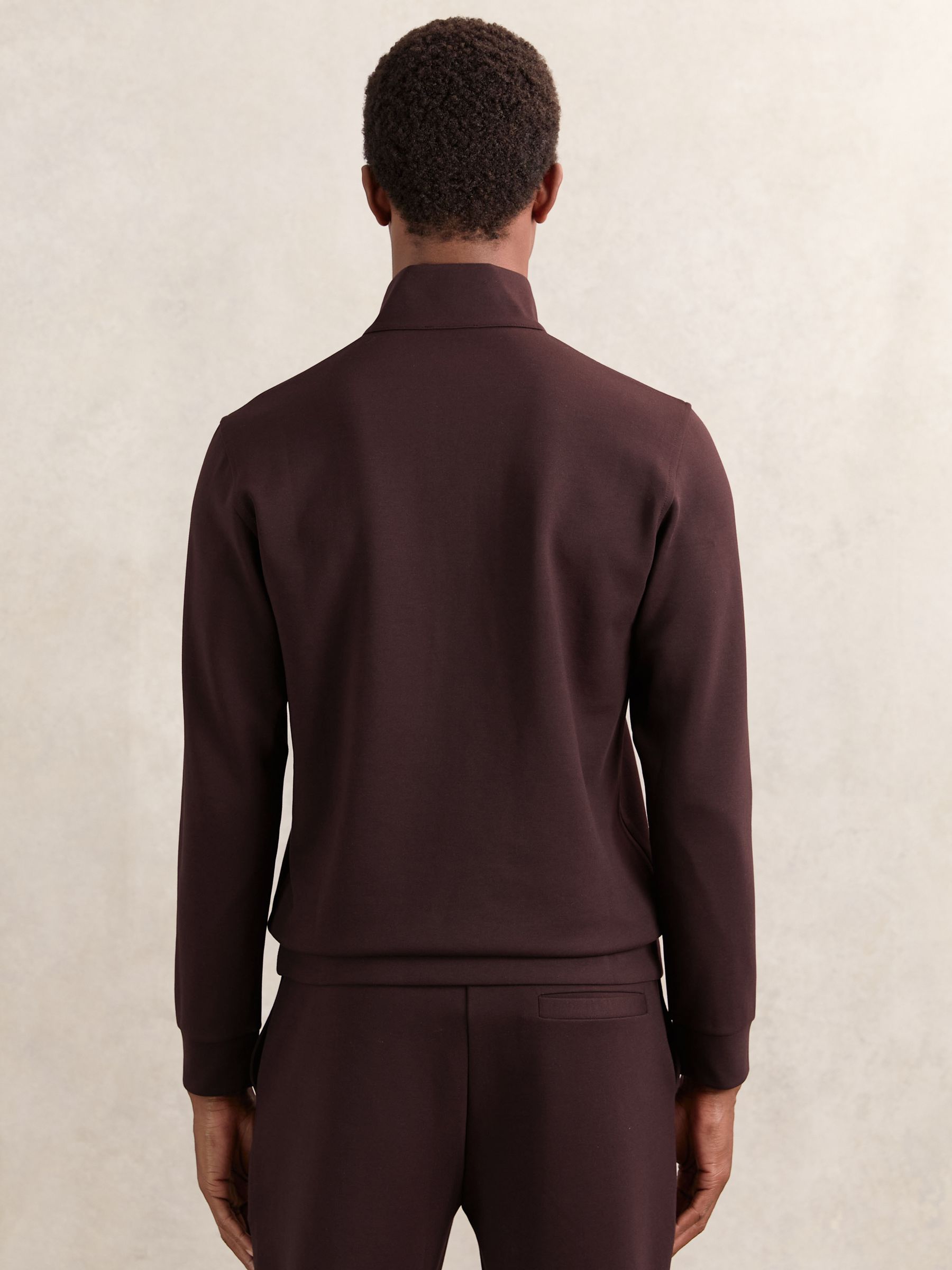 Leather-Placket Interlock Sweatshirt in Cherry Red