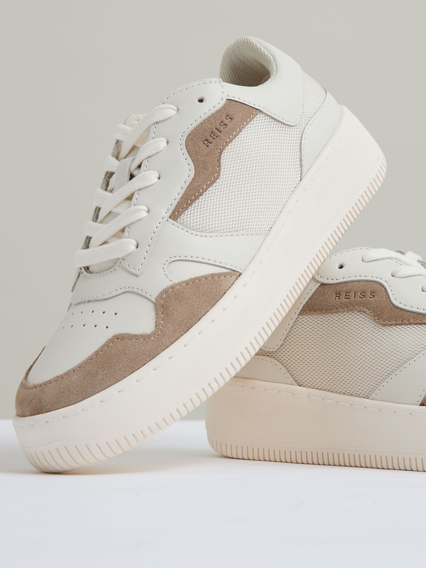 Leather And Mesh Platform Trainers in Taupe