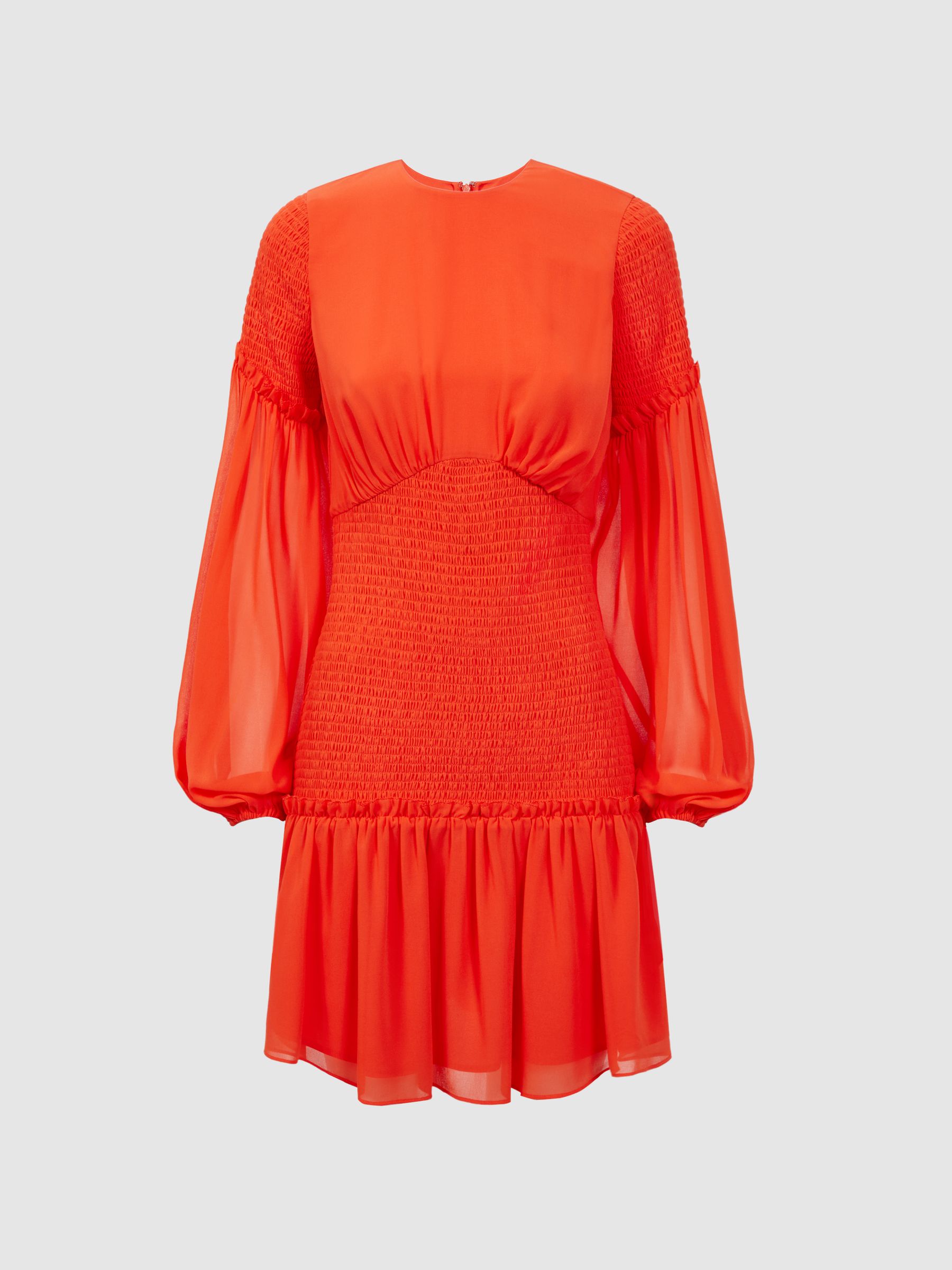 Florere Round Neck Shirred Mini Dress in Bright Orange
