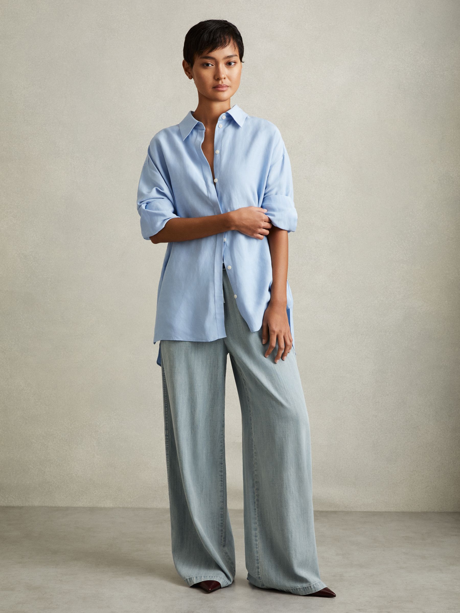 Denim Look Wide Leg Trousers in Light Blue