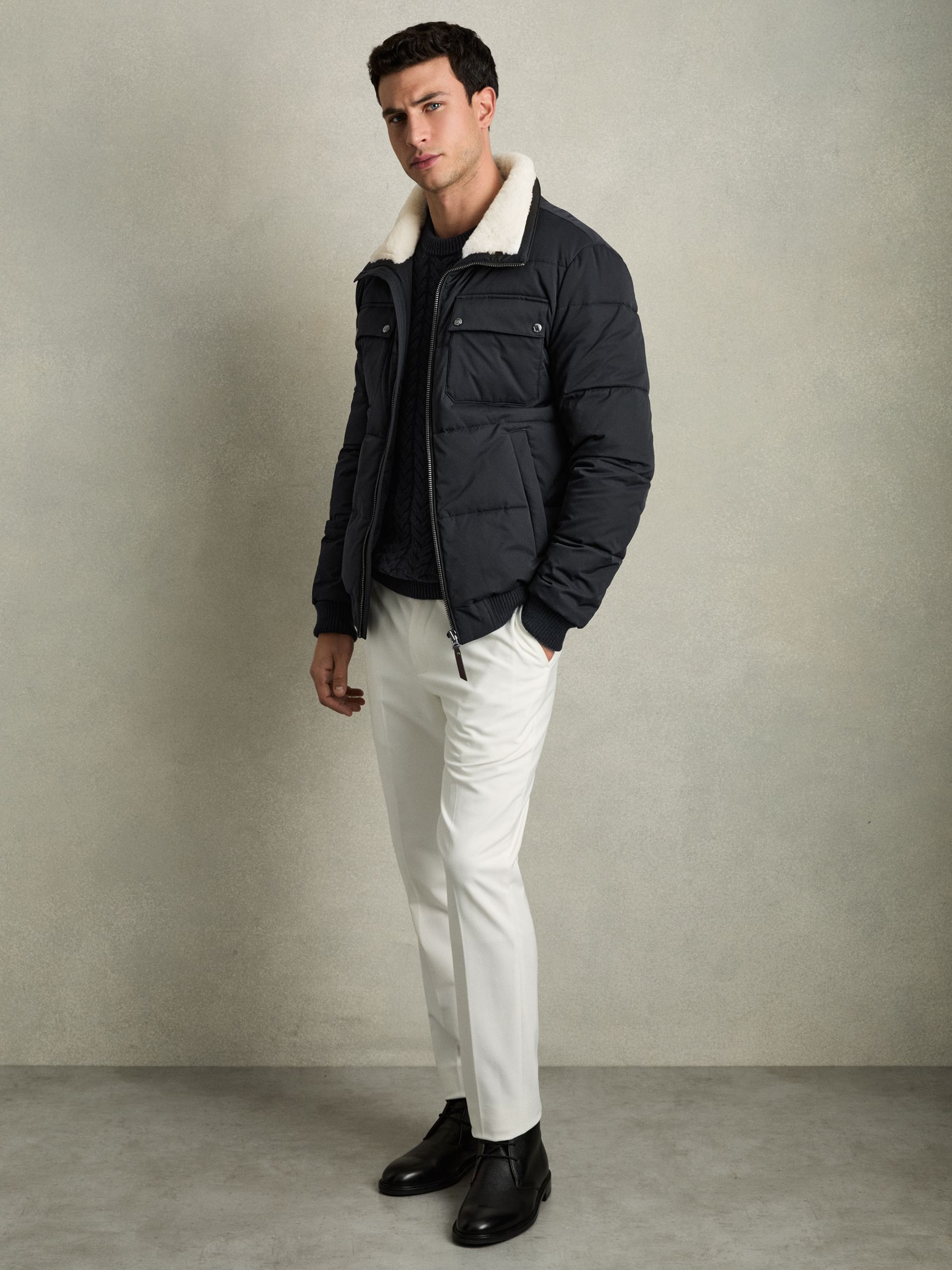 Faux-Fur Collar Puffer Jacket in Navy/ White Borg