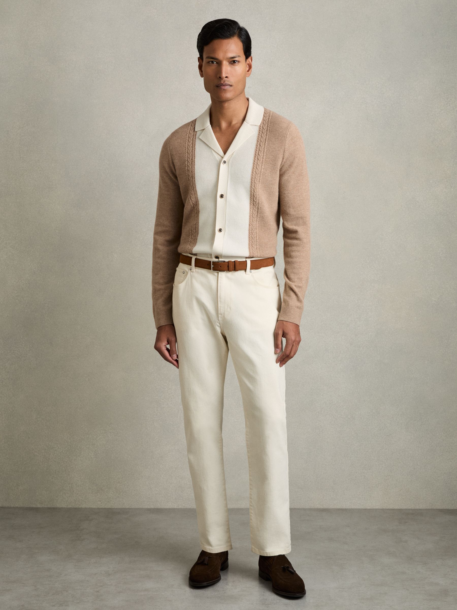 Wool Colourblock Knitted Shirt in Camel