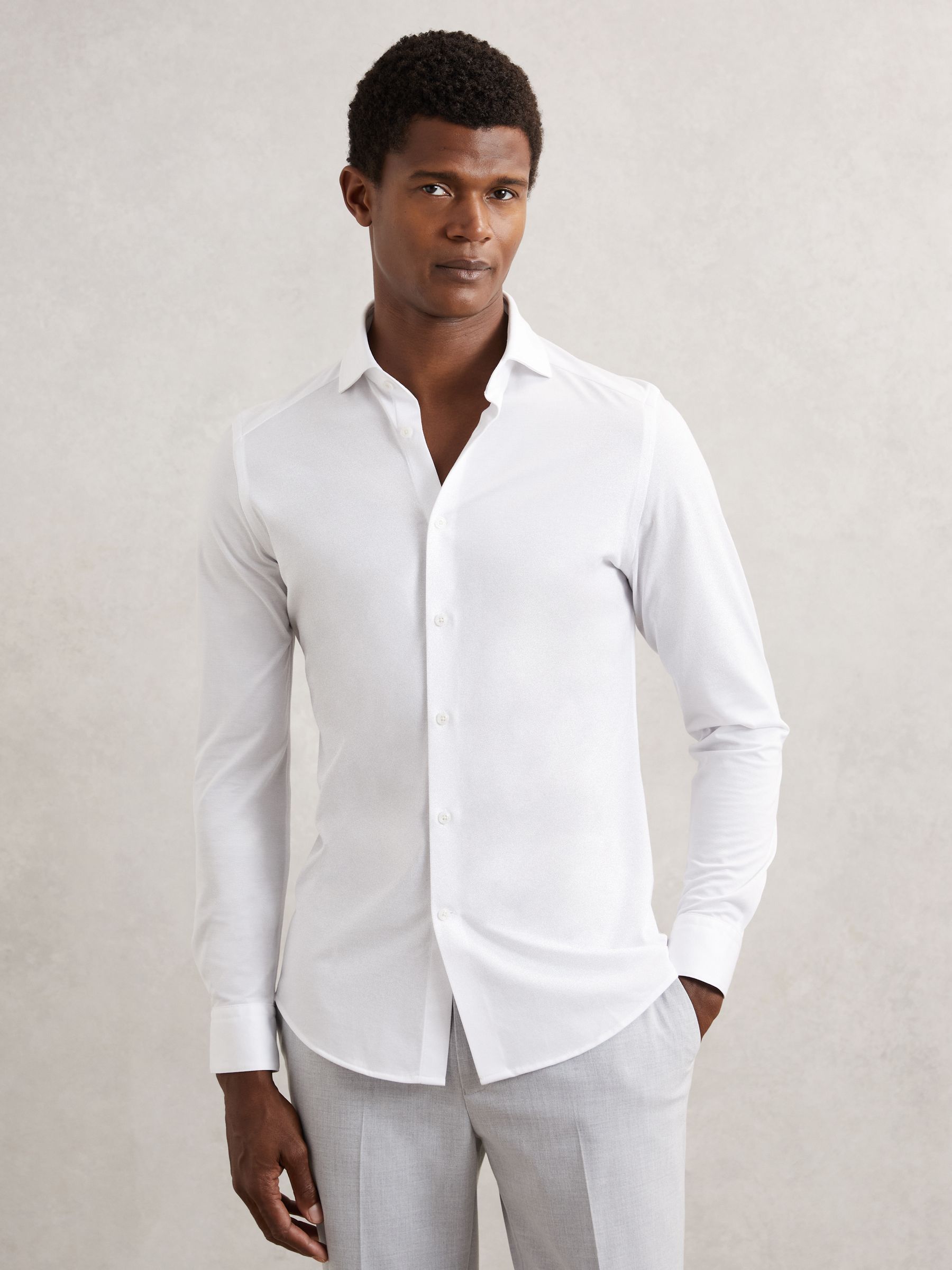 Cotton-Blend Jersey Cutaway-Collar Shirt in White