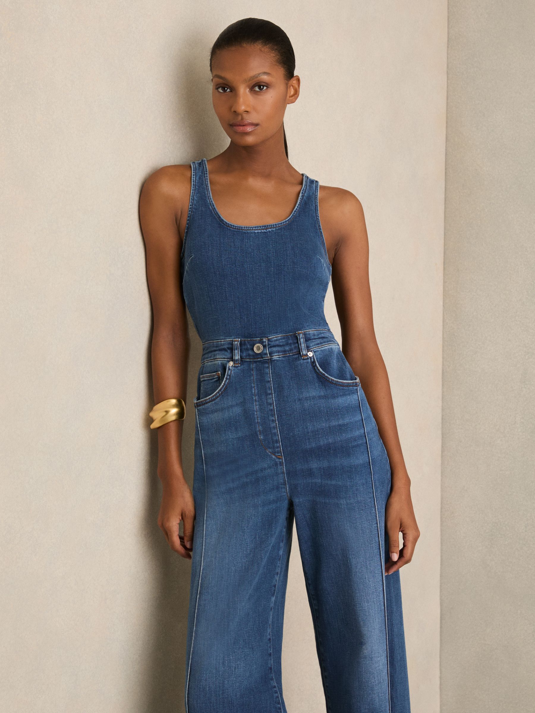 Wide-Leg Racer-Back Denim Jumpsuit in Indigo