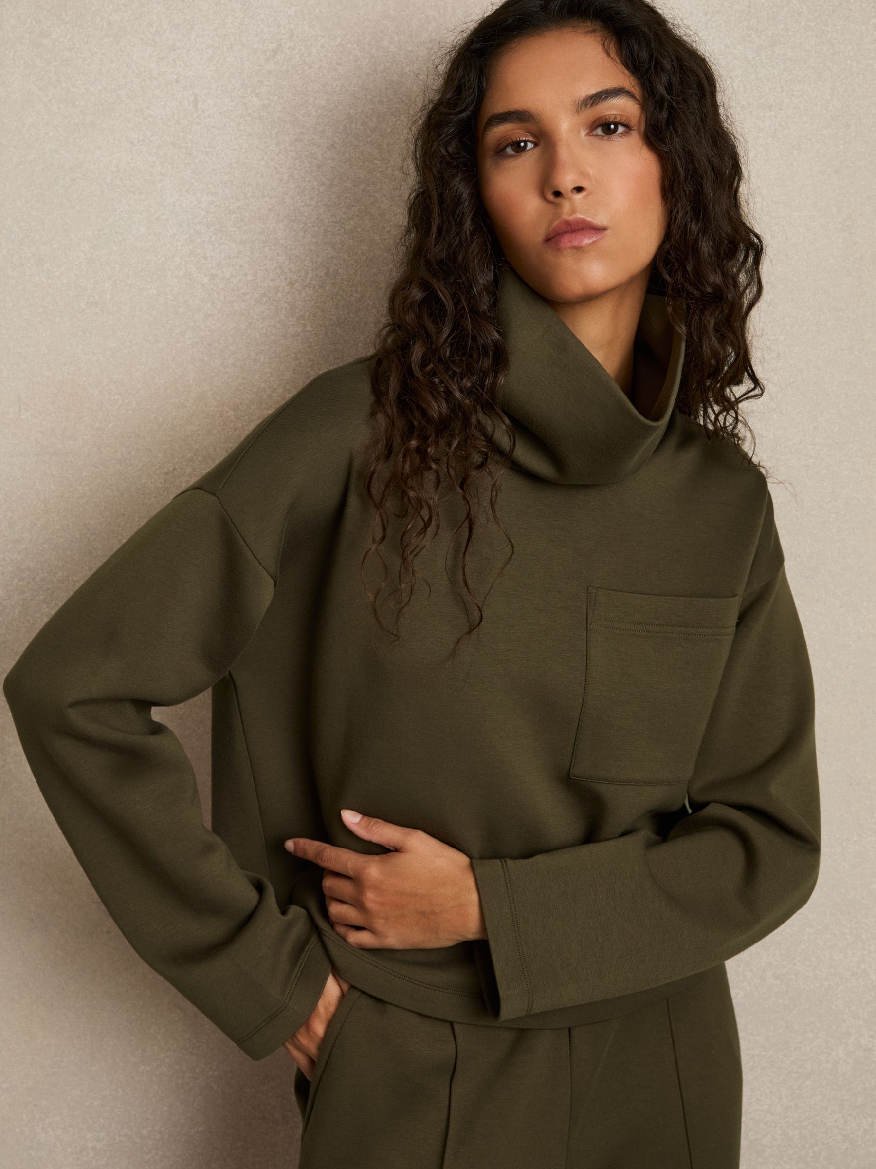 Interlock Jersey Funnel Neck Sweatshirt in Khaki