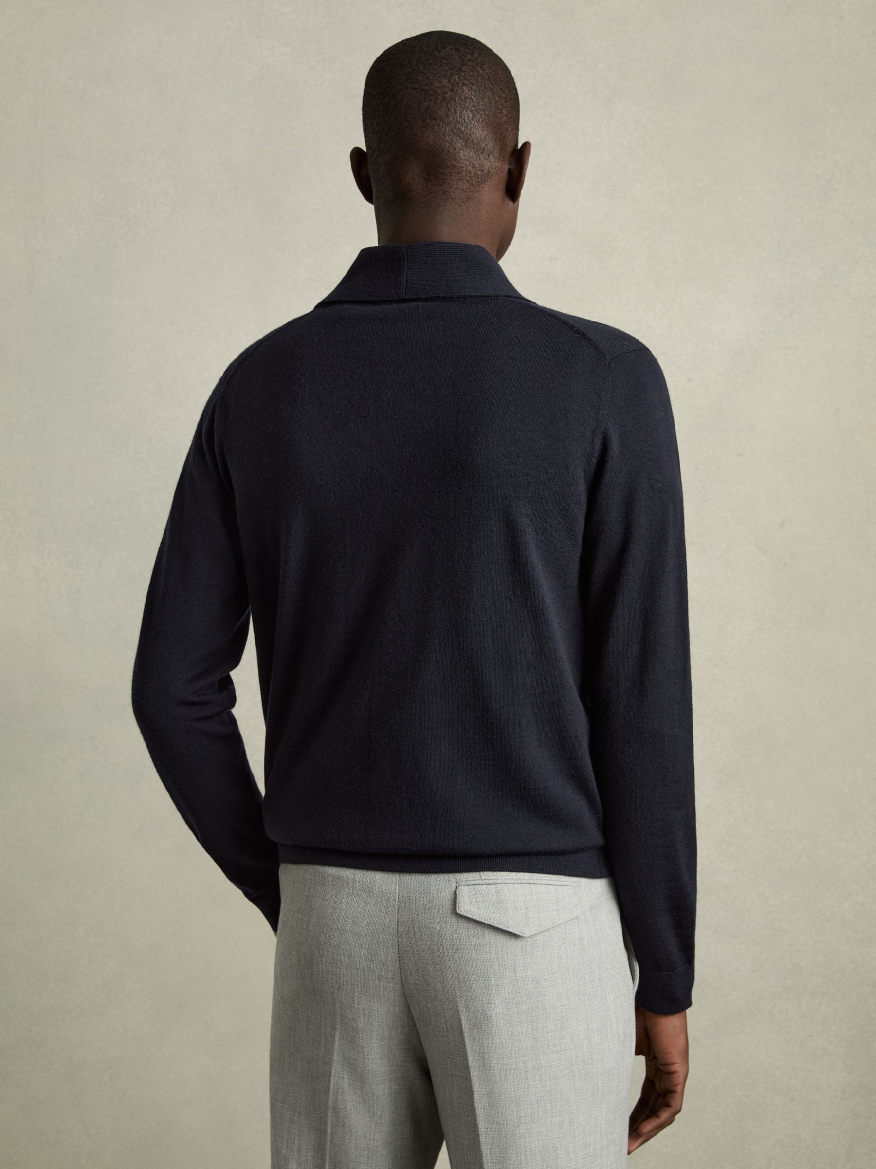 Merino Wool Shawl-Collar Cardigan in Navy