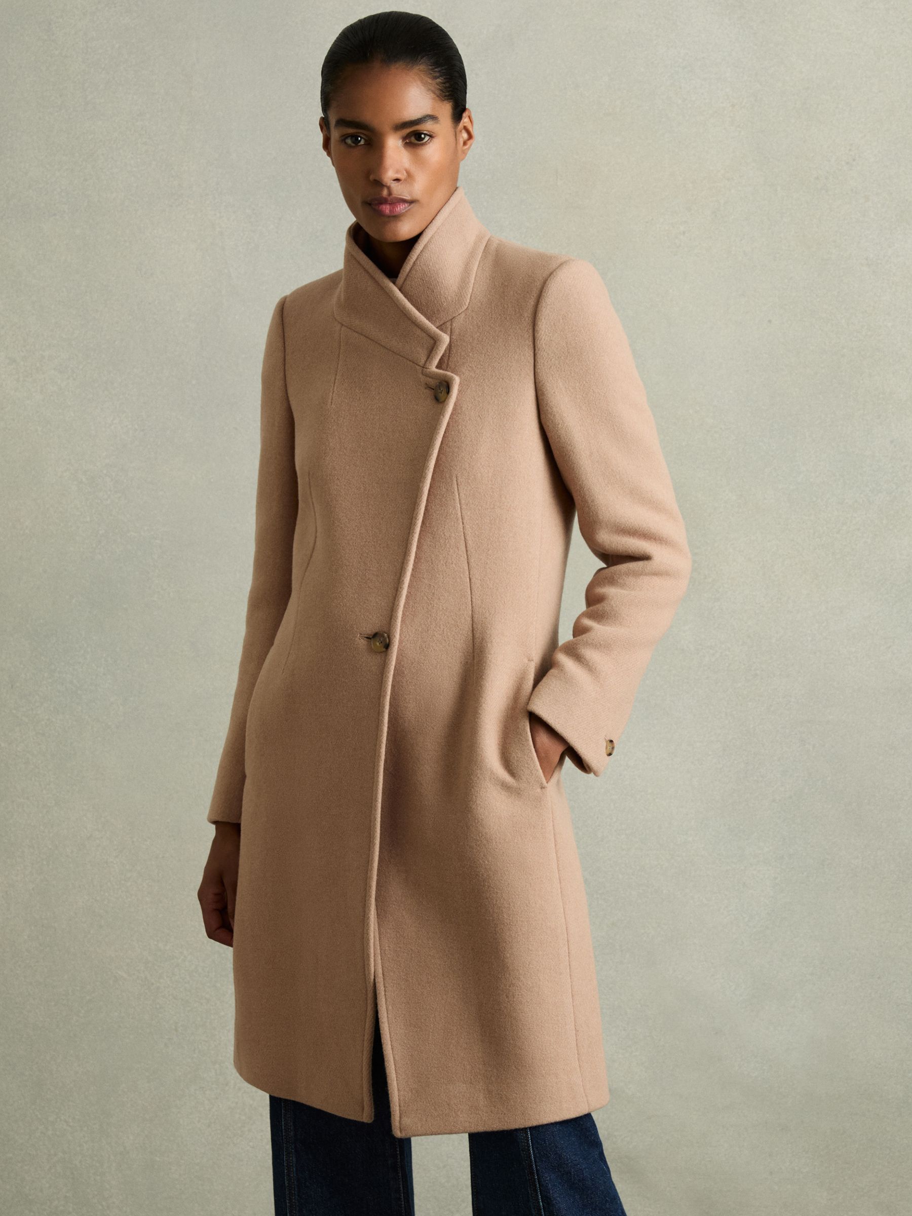 Petite Wool Blend Longline Double Breasted Coat in Light Camel