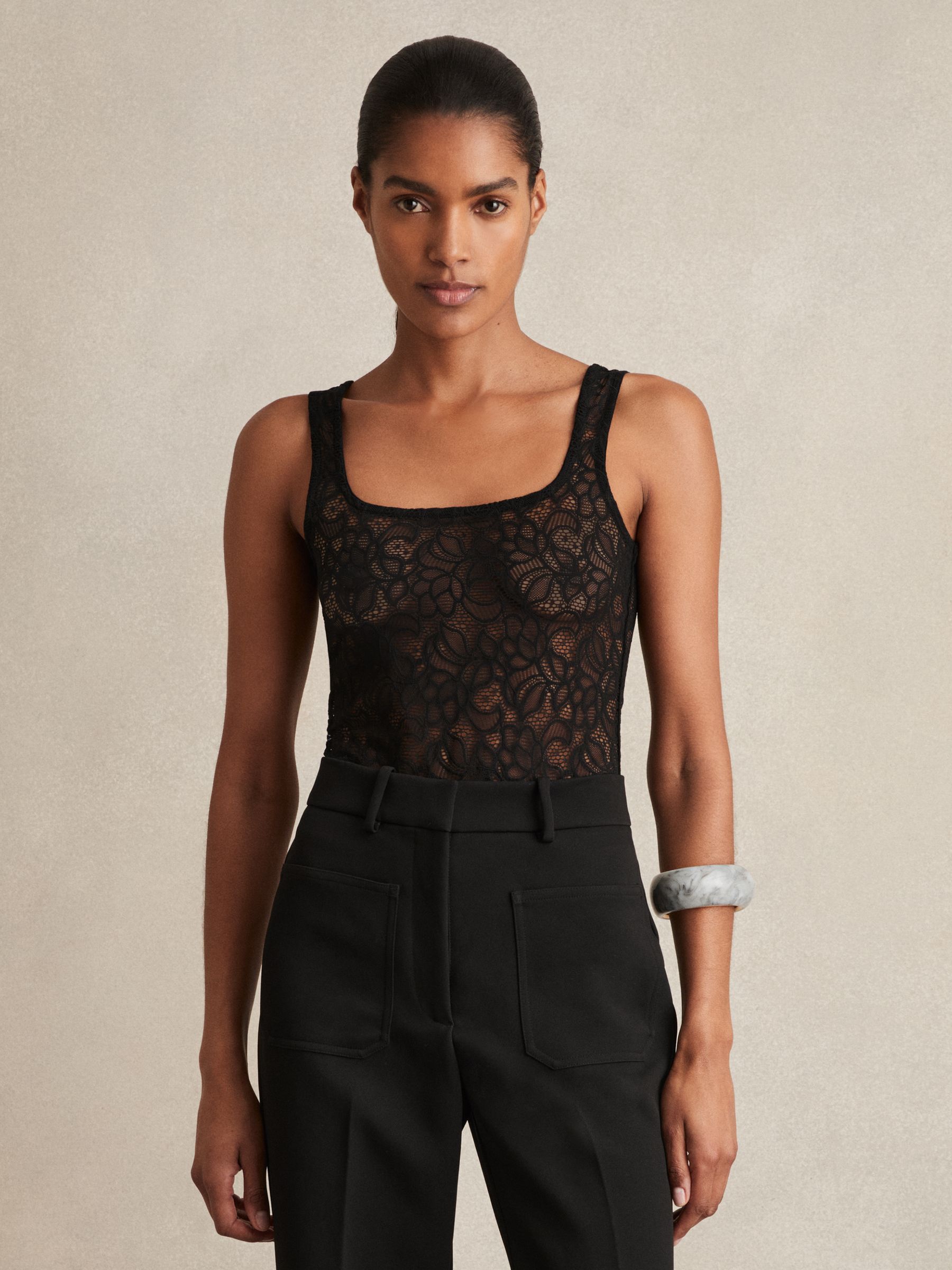 Floral Print Lace Bodysuit in Black