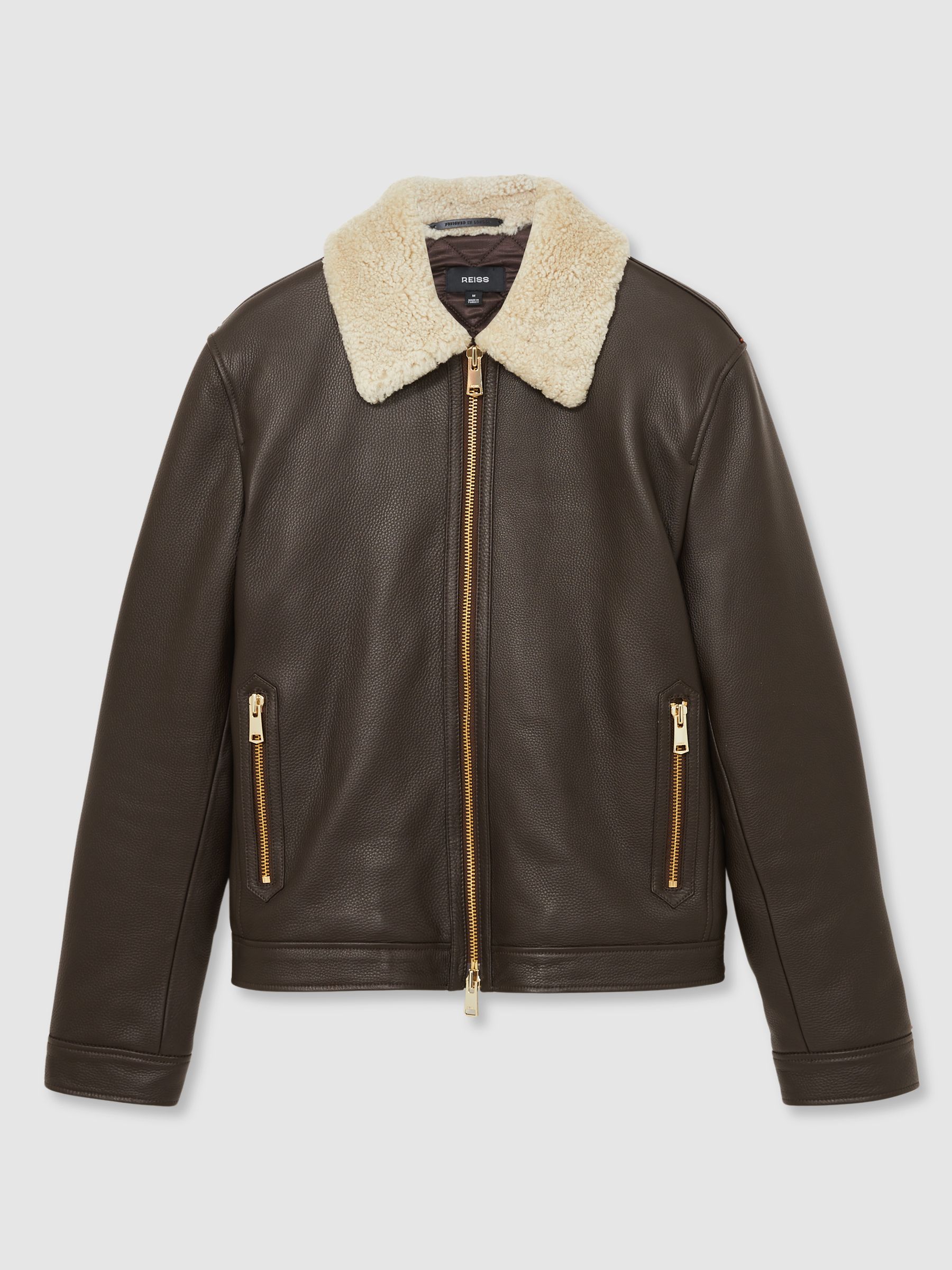 Shearling-Collar Leather Jacket in Dark Brown
