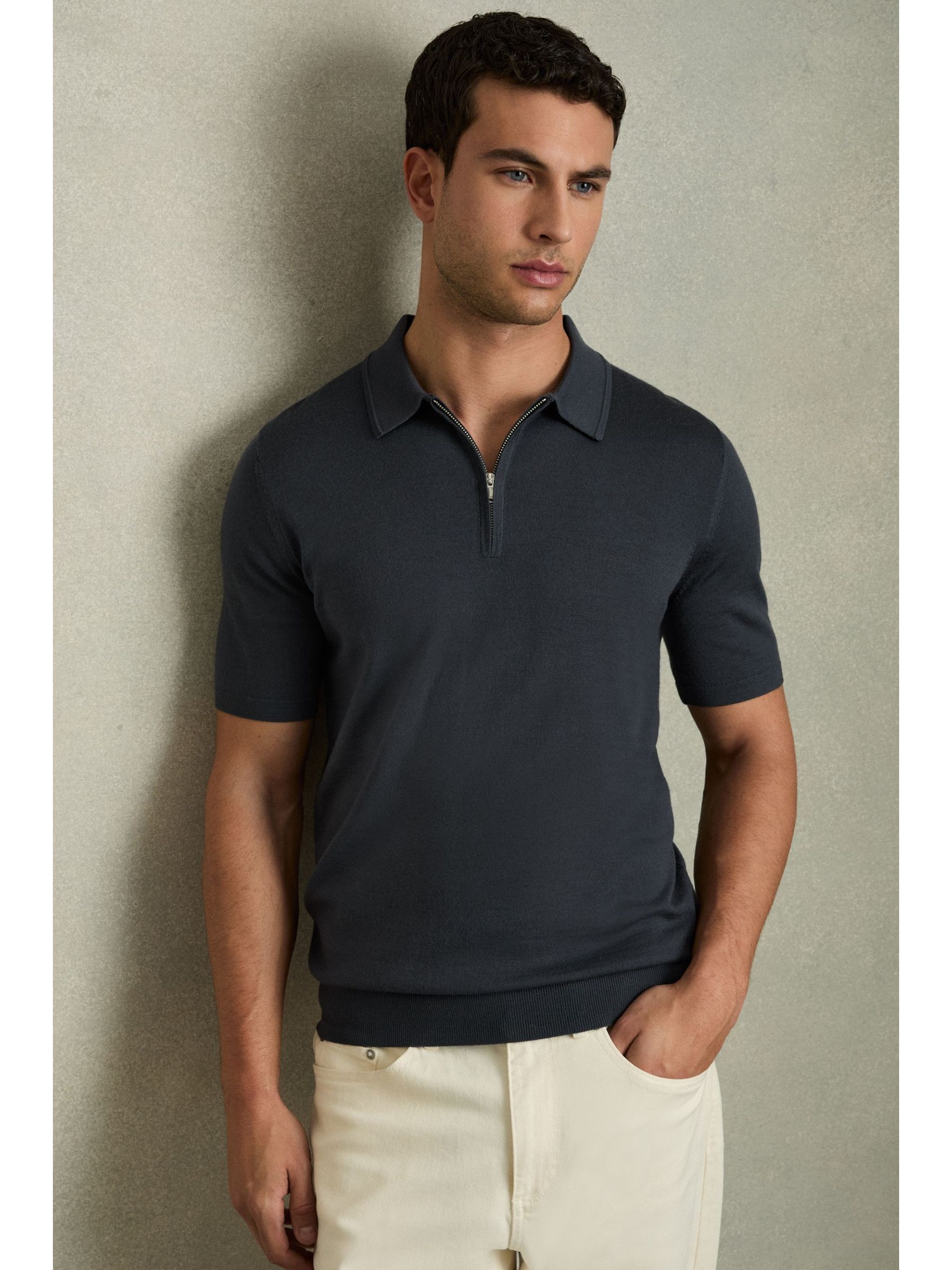 Merino Wool Half-Zip Polo Shirt in Blackened Blue